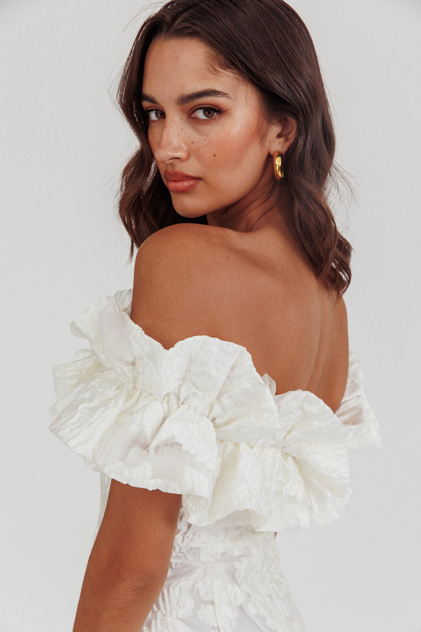 Memoire Off-Shoulder Textured Mini Dress White by Selfie Leslie Australia
