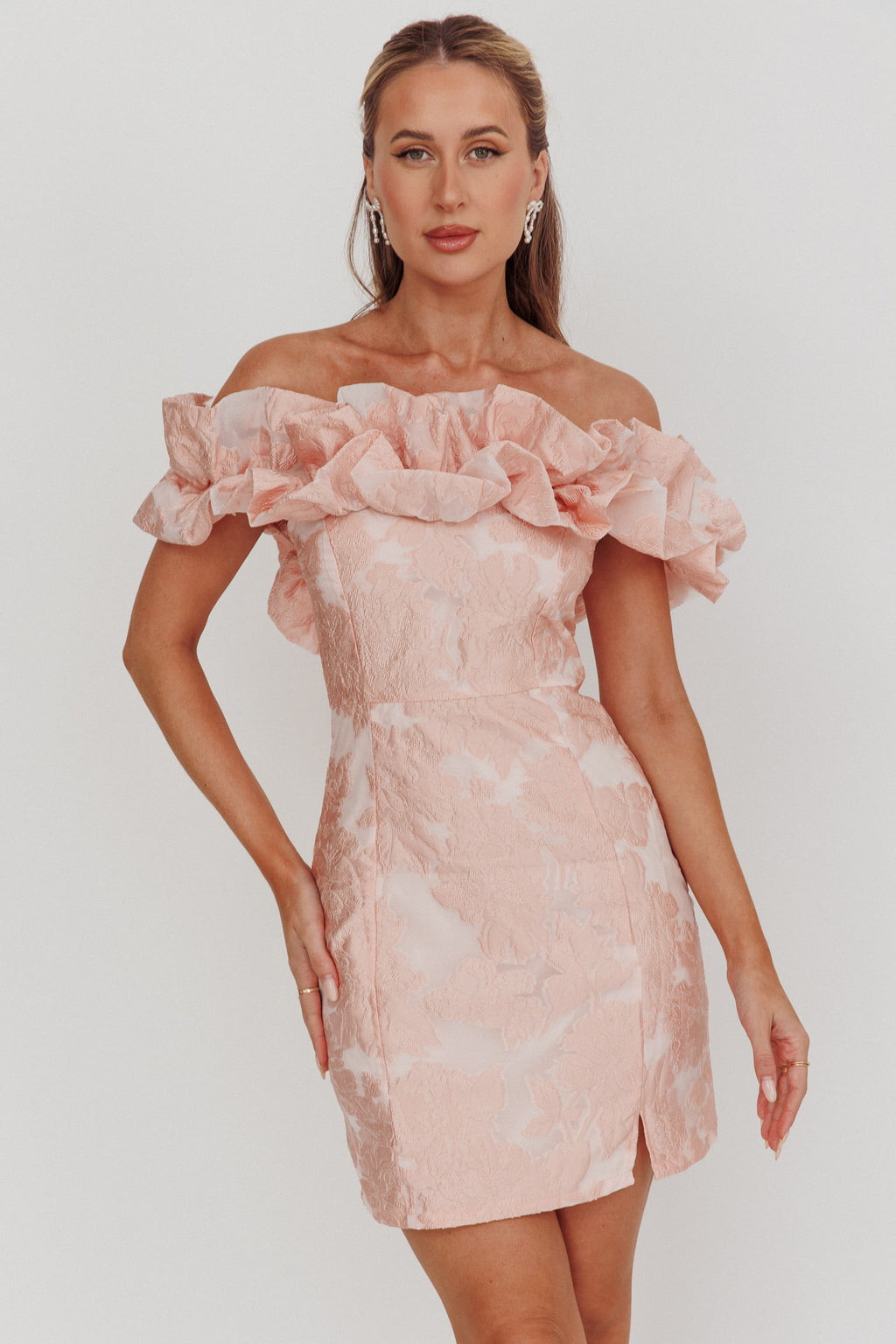 Memoire Off-Shoulder Jacquard Mini Dress Blush by Selfie Leslie Australia