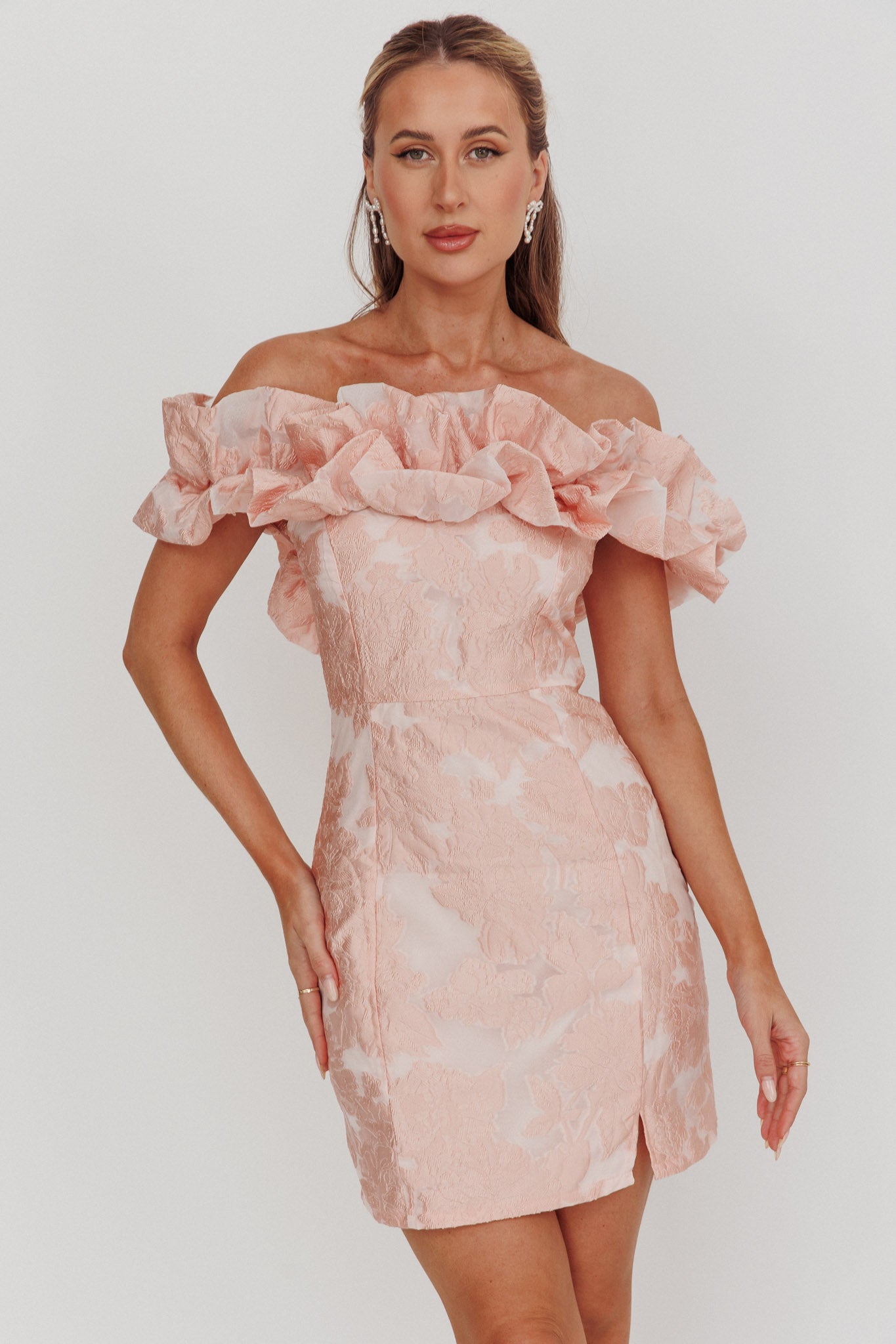 Memoire Off-Shoulder Jacquard Mini Dress Blush by Selfie Leslie Australia