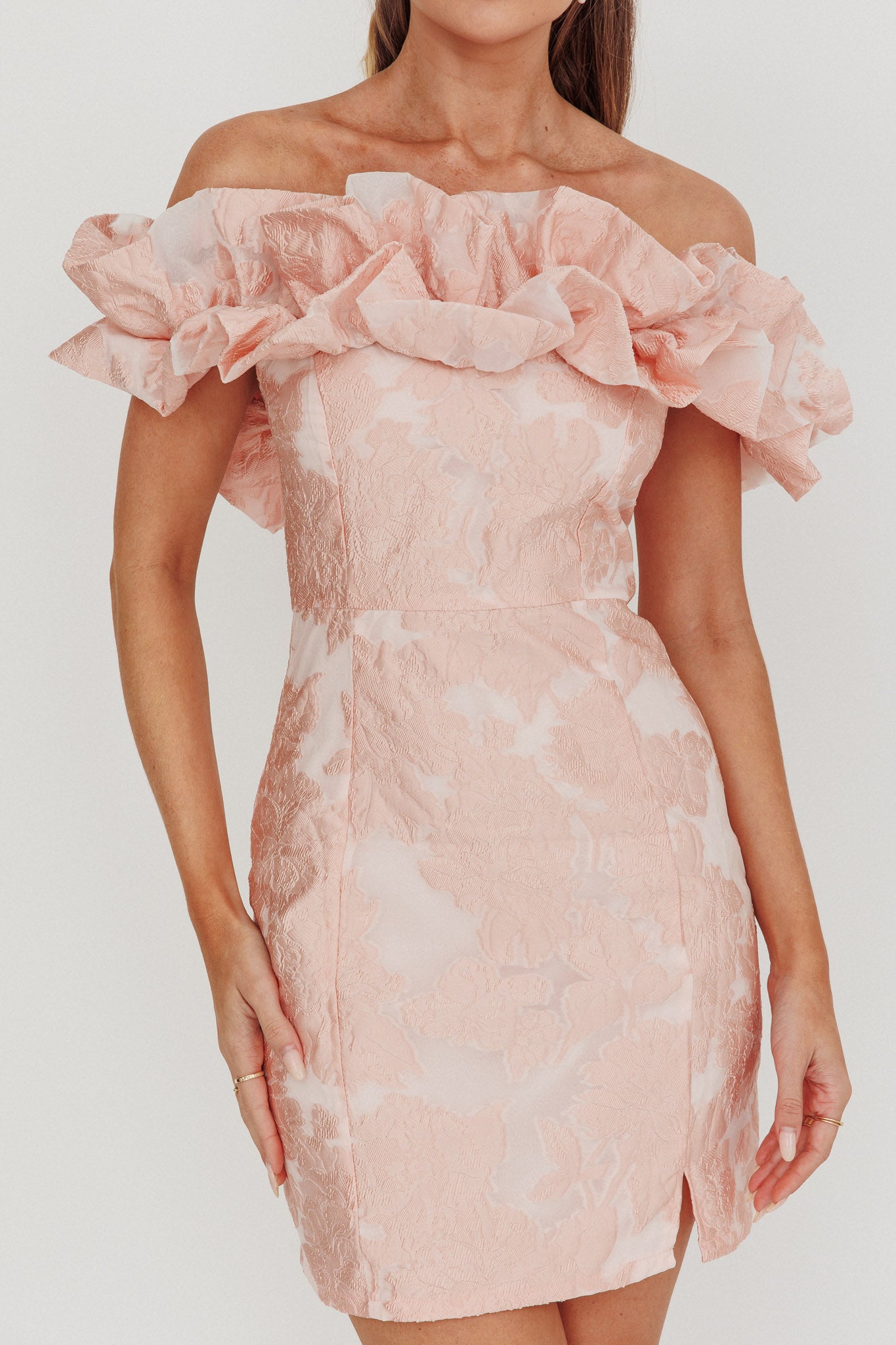 Memoire Off-Shoulder Jacquard Mini Dress Blush by Selfie Leslie Australia
