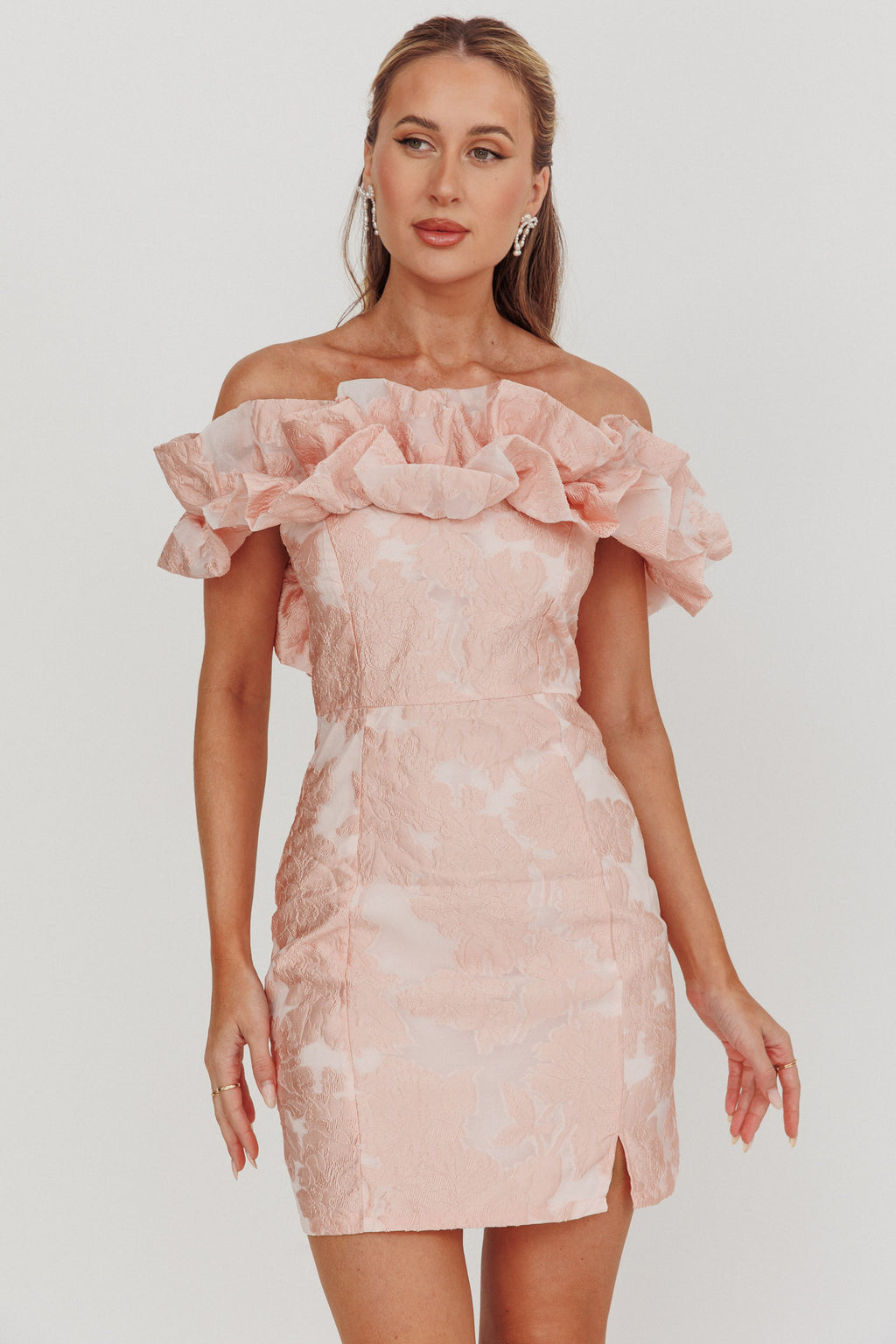 Memoire Off-Shoulder Jacquard Mini Dress Blush by Selfie Leslie Australia