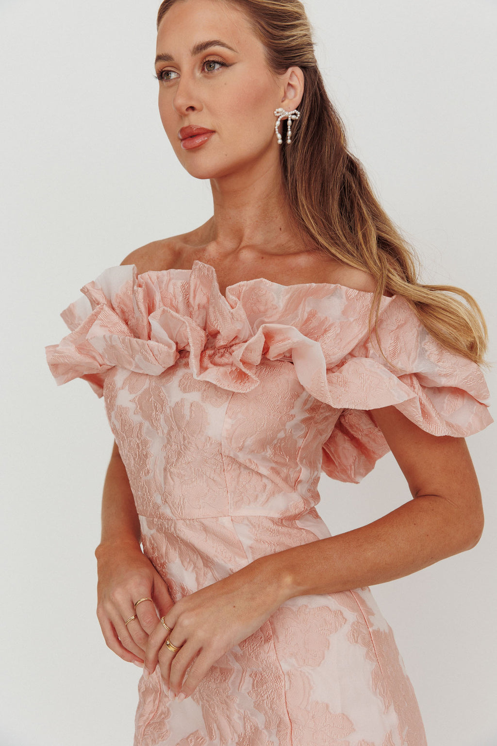 Memoire Off-Shoulder Jacquard Mini Dress Blush by Selfie Leslie Australia