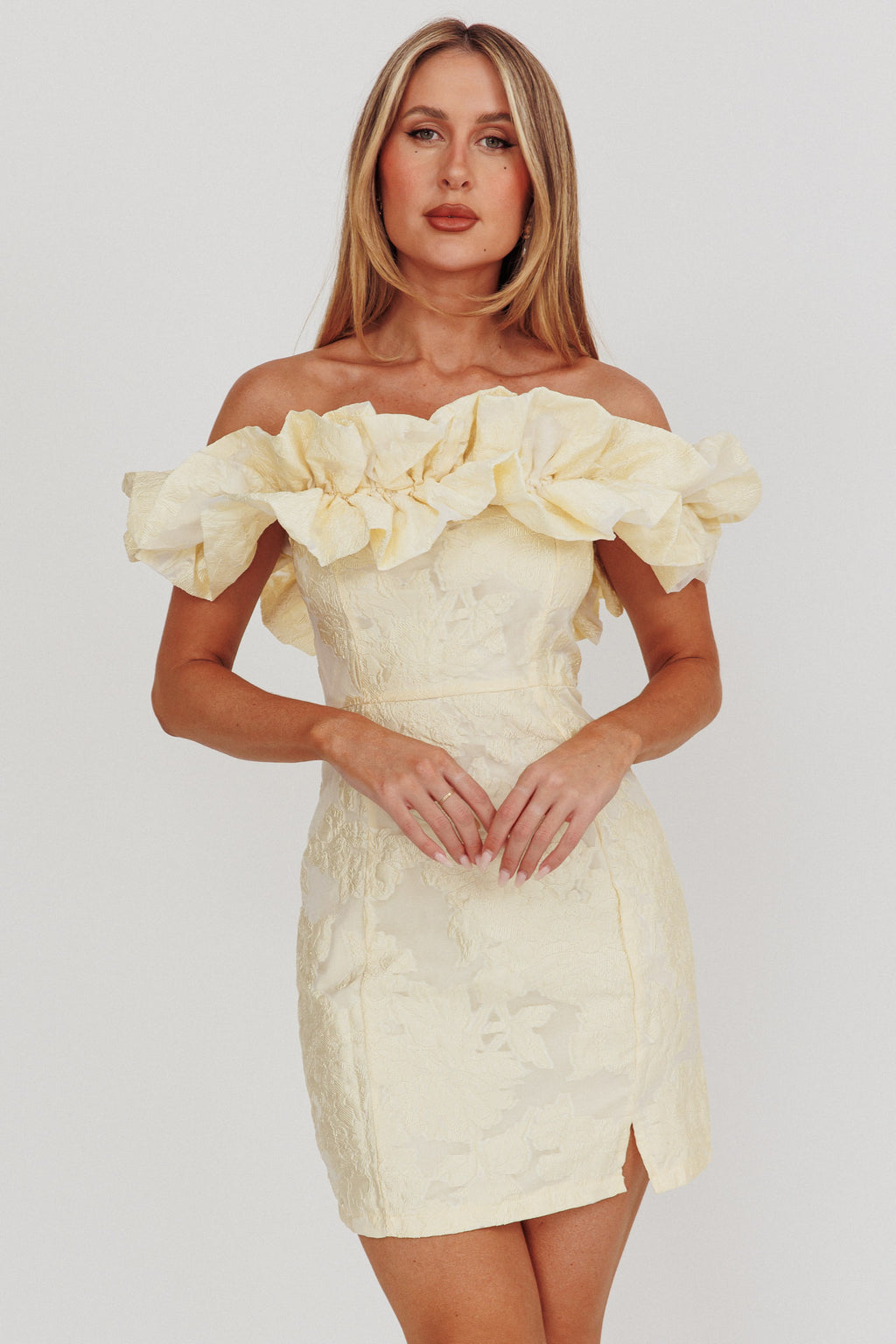 Memoire Off-Shoulder Jacquard Mini Dress Lemon by Selfie Leslie Australia