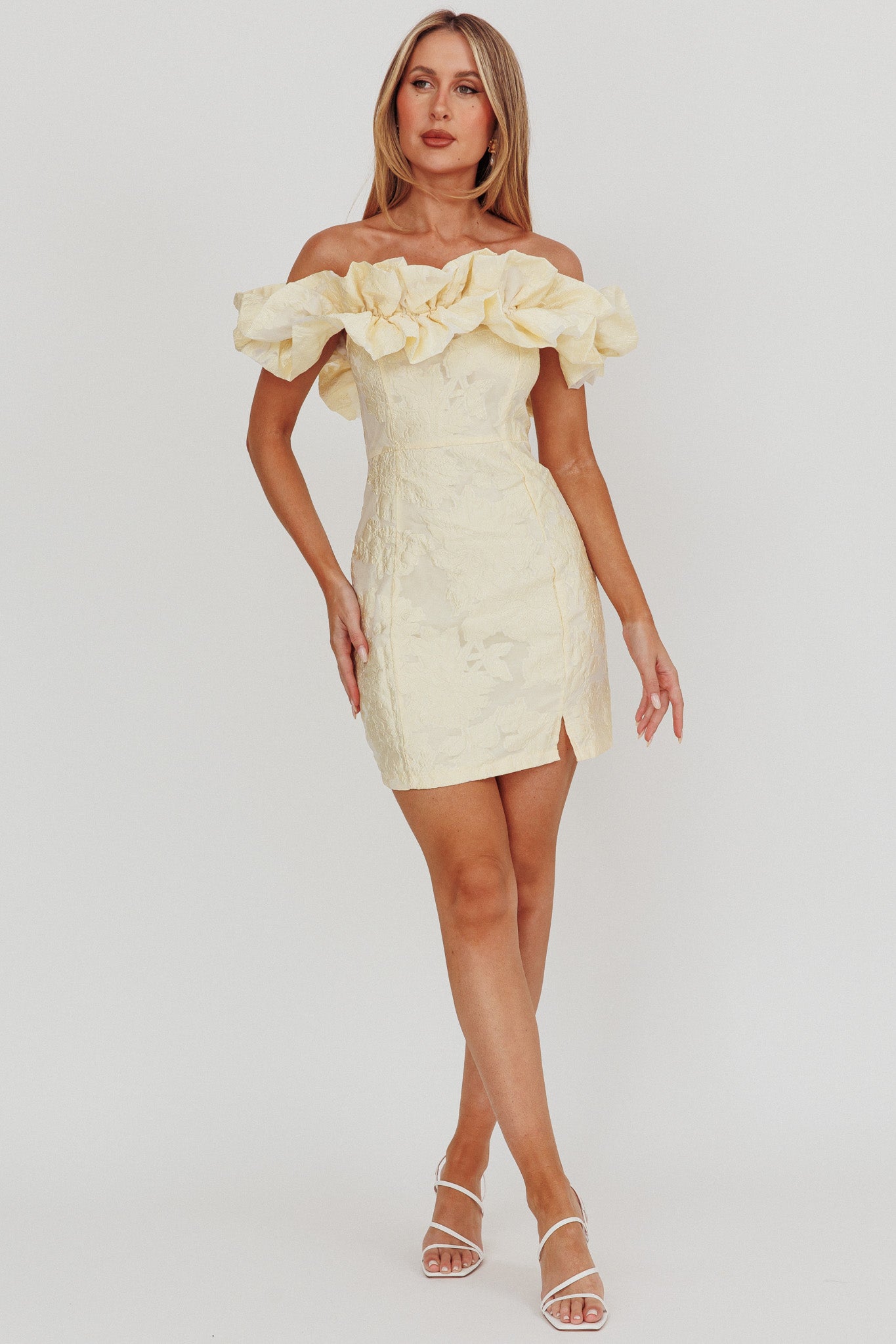 Memoire Off-Shoulder Jacquard Mini Dress Lemon by Selfie Leslie Australia