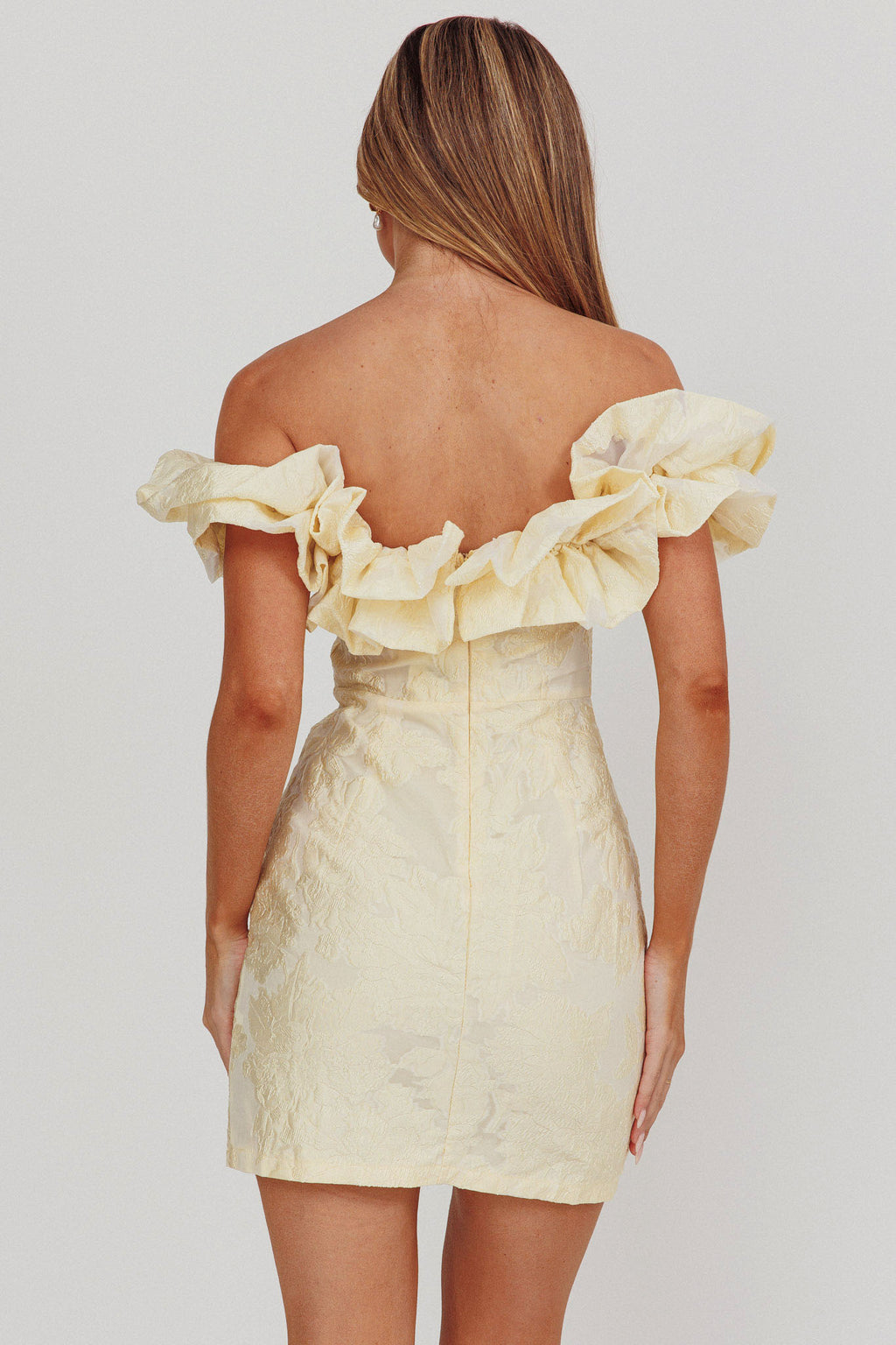 Memoire Off-Shoulder Jacquard Mini Dress Lemon by Selfie Leslie Australia