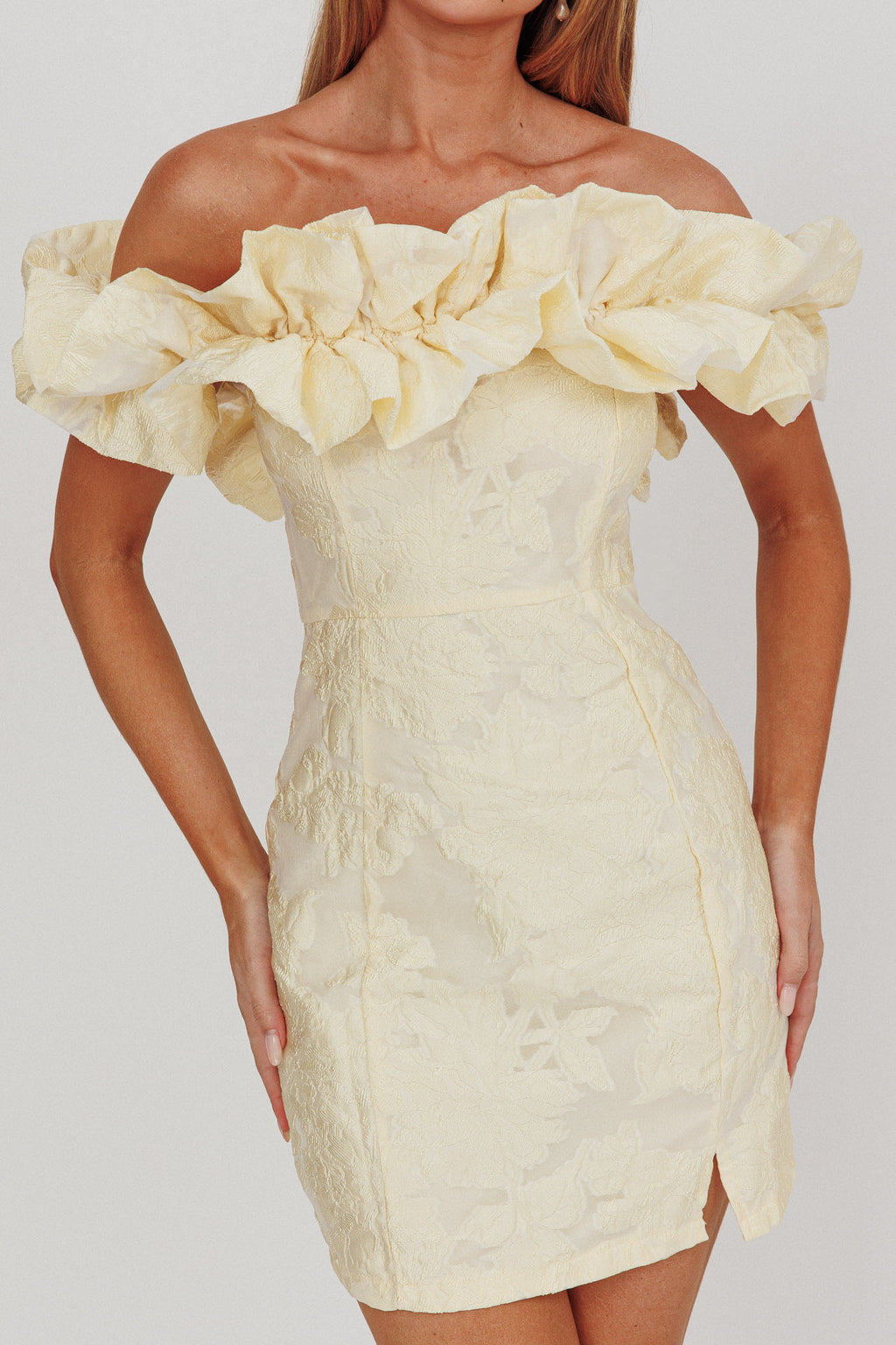 Memoire Off-Shoulder Jacquard Mini Dress Lemon by Selfie Leslie Australia