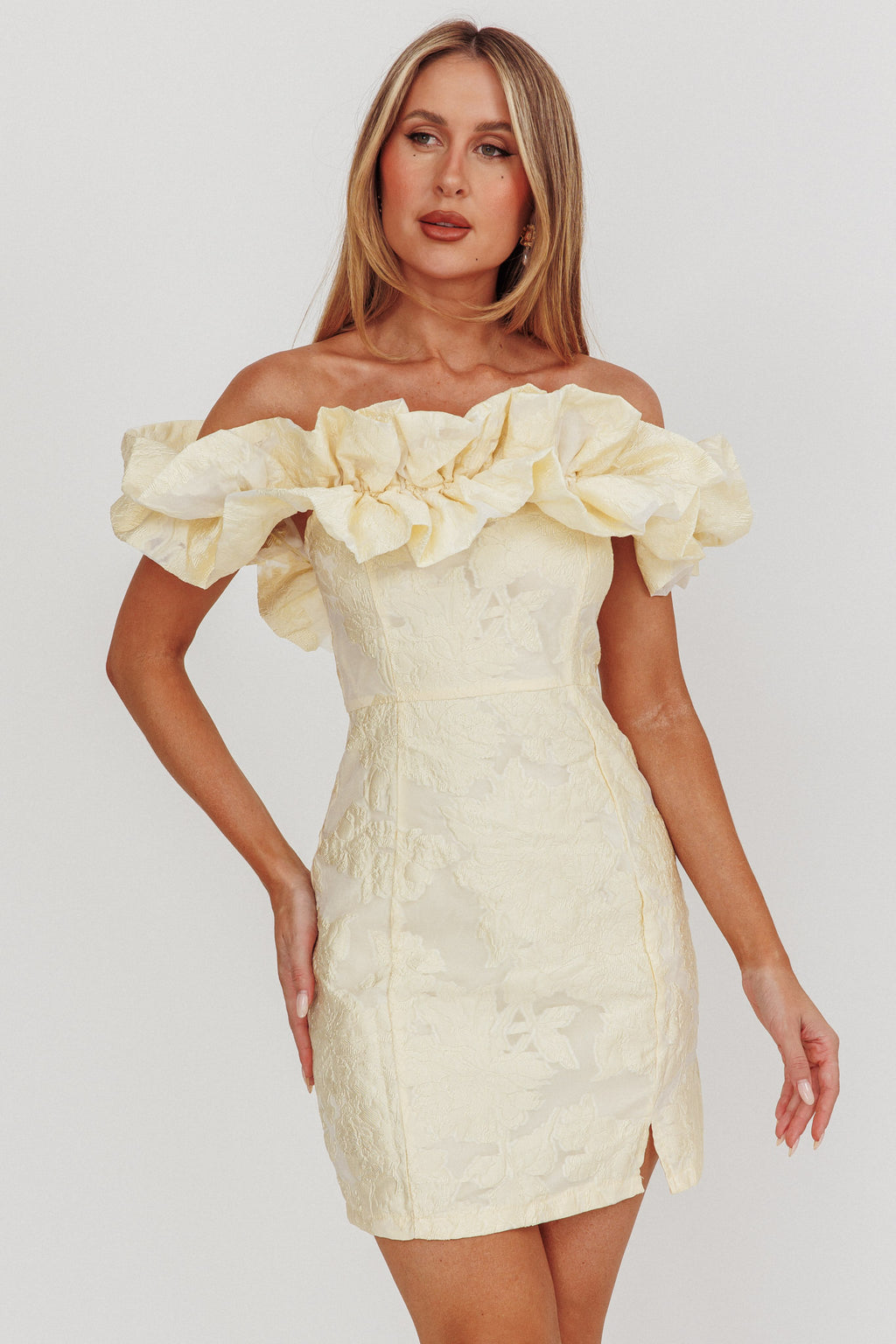 Memoire Off-Shoulder Jacquard Mini Dress Lemon by Selfie Leslie Australia