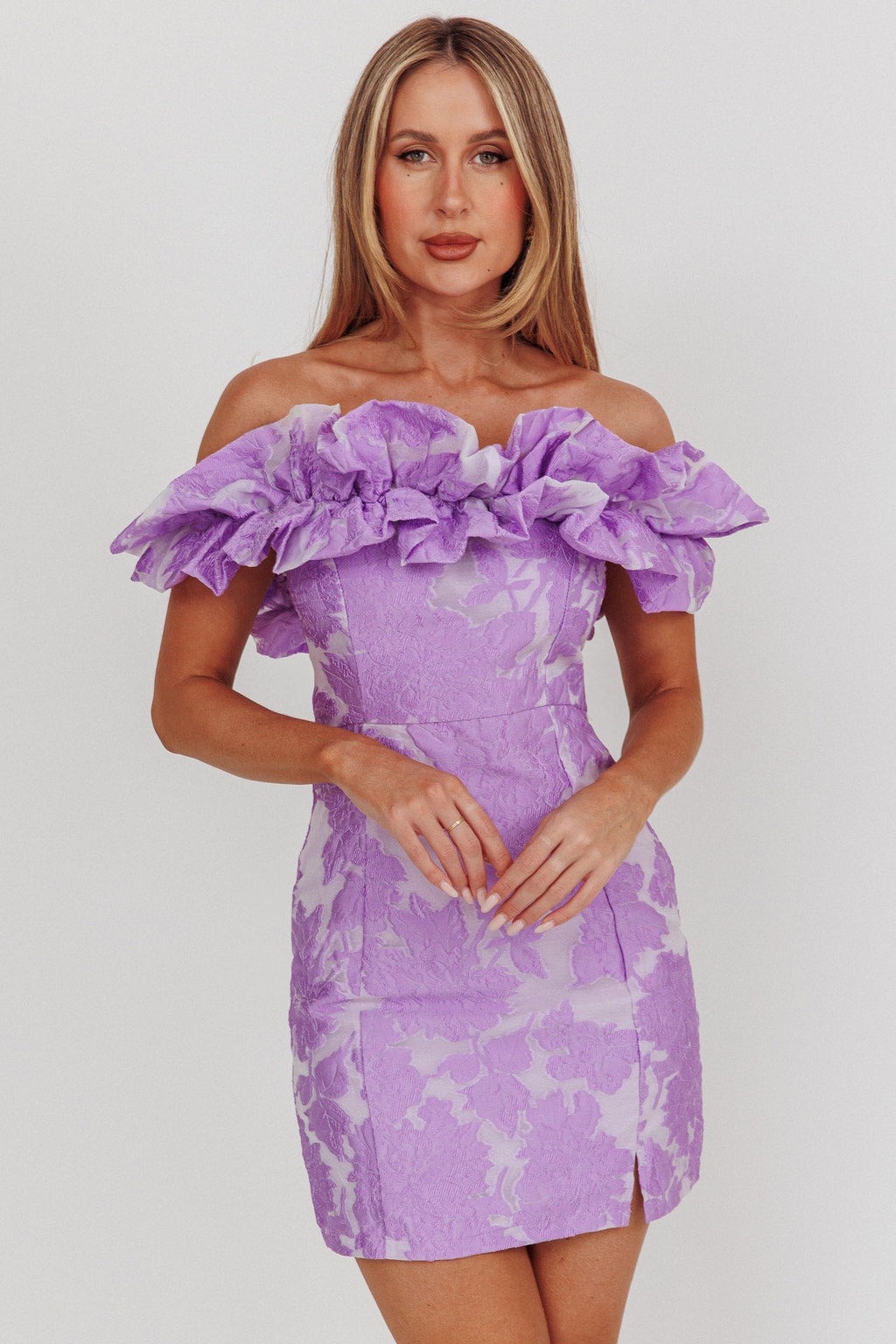 Memoire Off-Shoulder Jacquard Mini Dress Lilac by Selfie Leslie Australia
