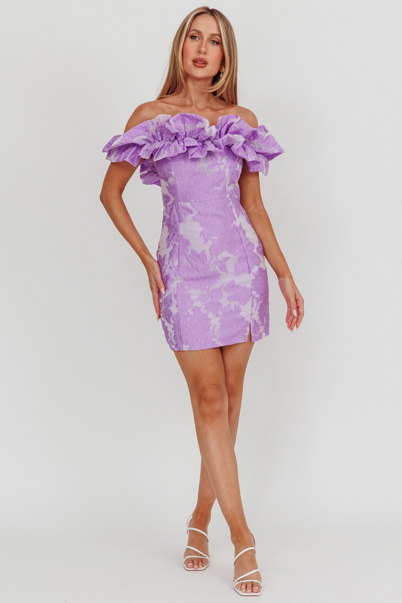 Memoire Off-Shoulder Jacquard Mini Dress Lilac by Selfie Leslie Australia