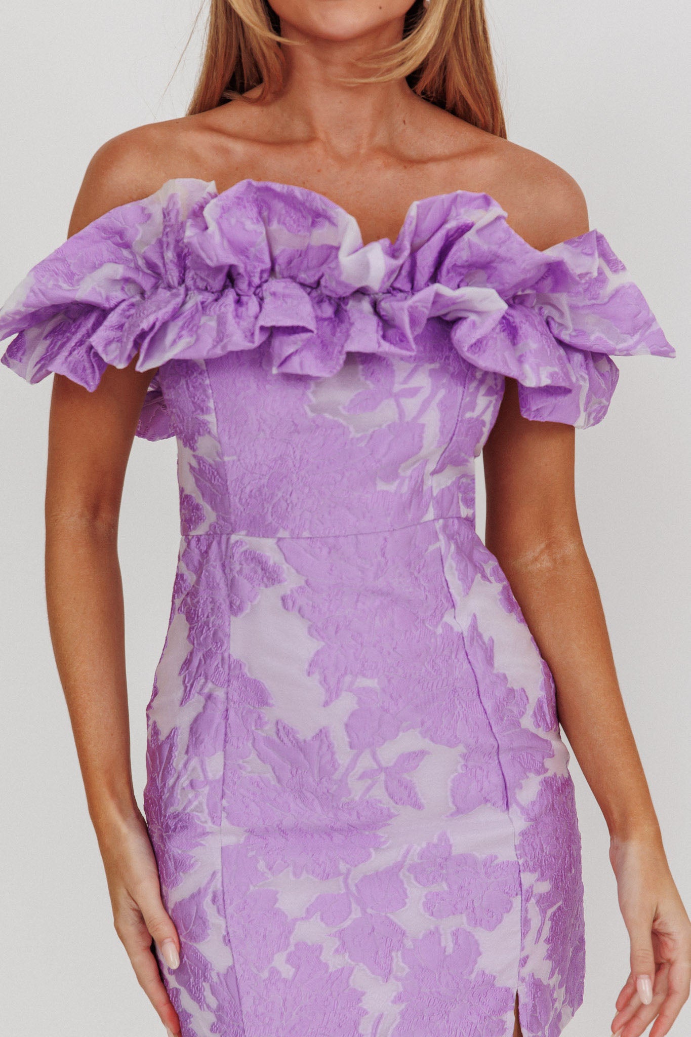 Memoire Off-Shoulder Jacquard Mini Dress Lilac by Selfie Leslie Australia