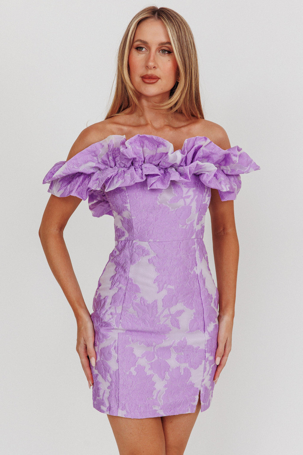 Memoire Off-Shoulder Jacquard Mini Dress Lilac by Selfie Leslie Australia