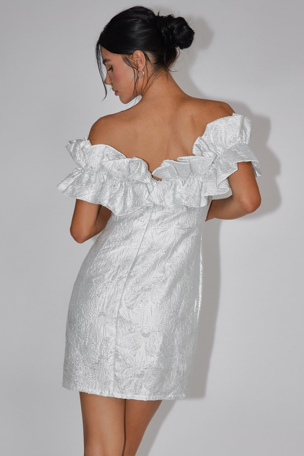 Memoire Off-Shoulder Jacquard Mini Dress Off White by Selfie Leslie Australia