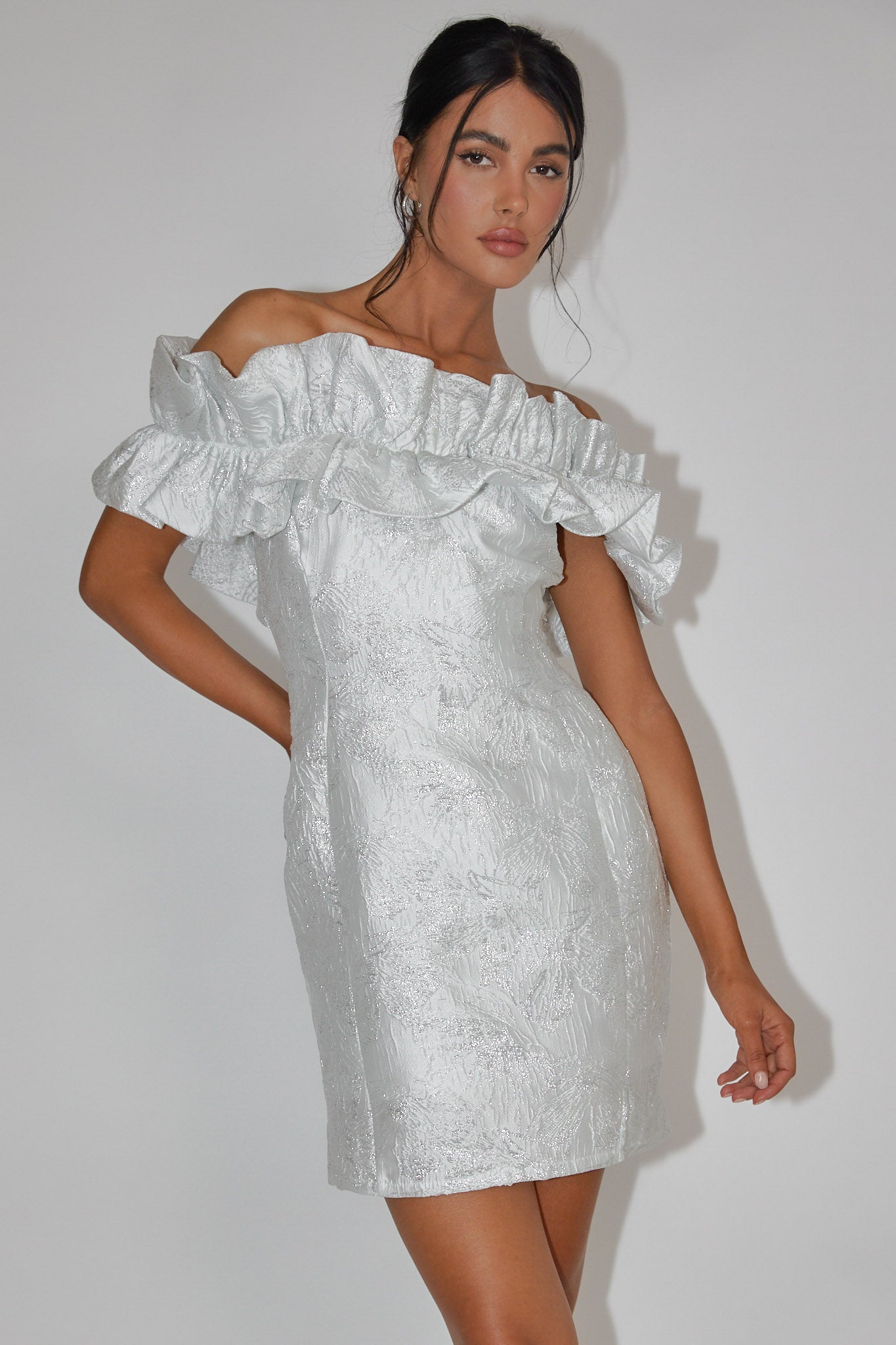 Memoire Off-Shoulder Jacquard Mini Dress Off White by Selfie Leslie Australia