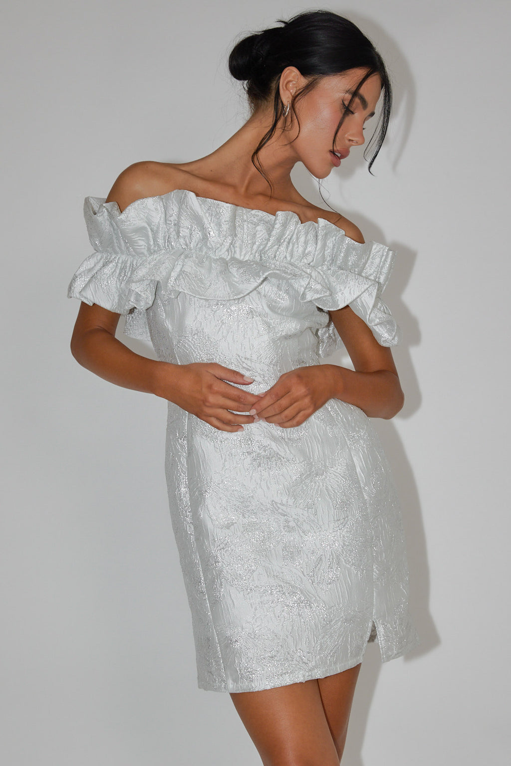 Memoire Off-Shoulder Jacquard Mini Dress Off White by Selfie Leslie Australia