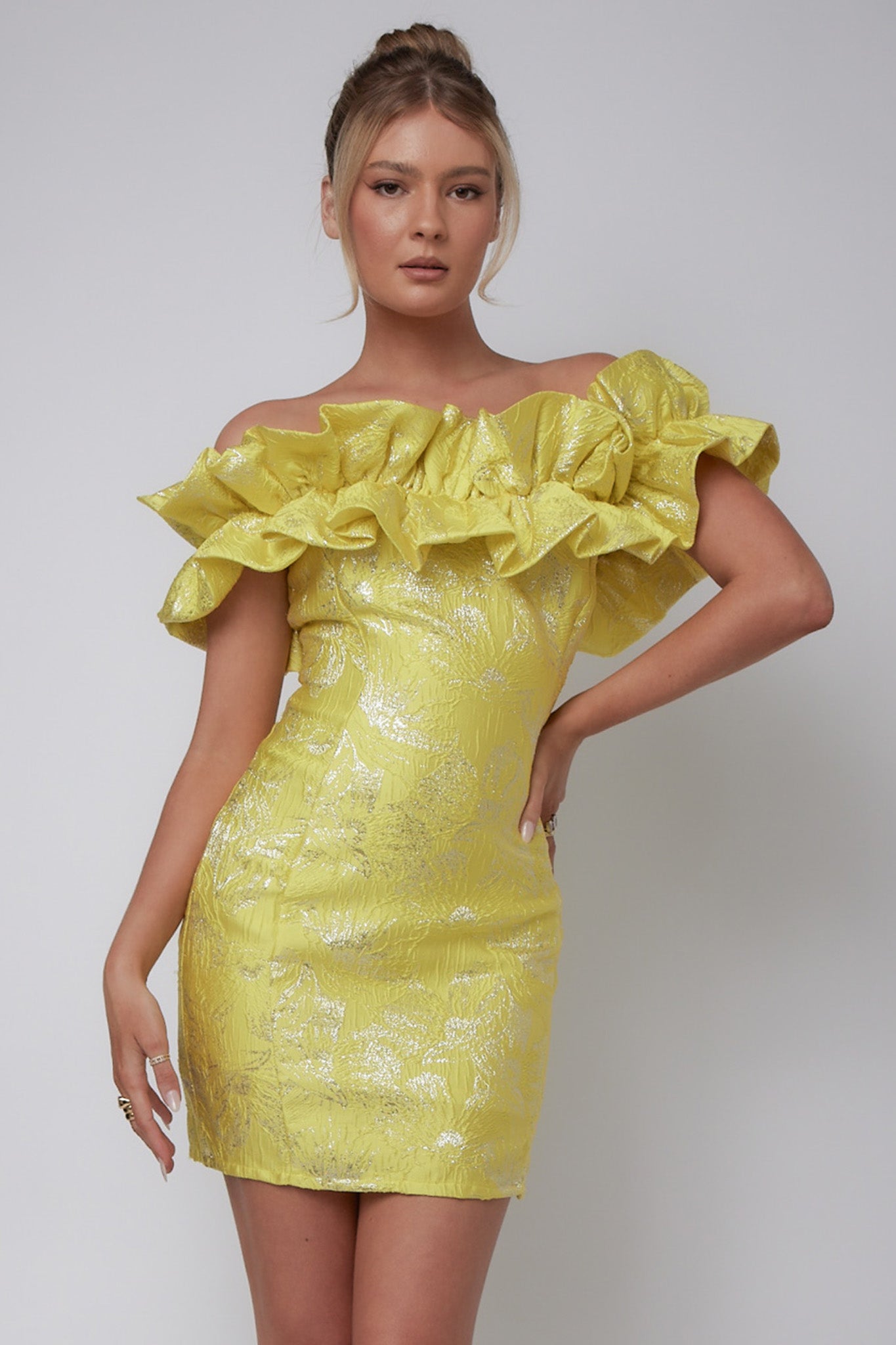 Memoire Off-Shoulder Jacquard Mini Dress Yellow by Selfie Leslie Australia
