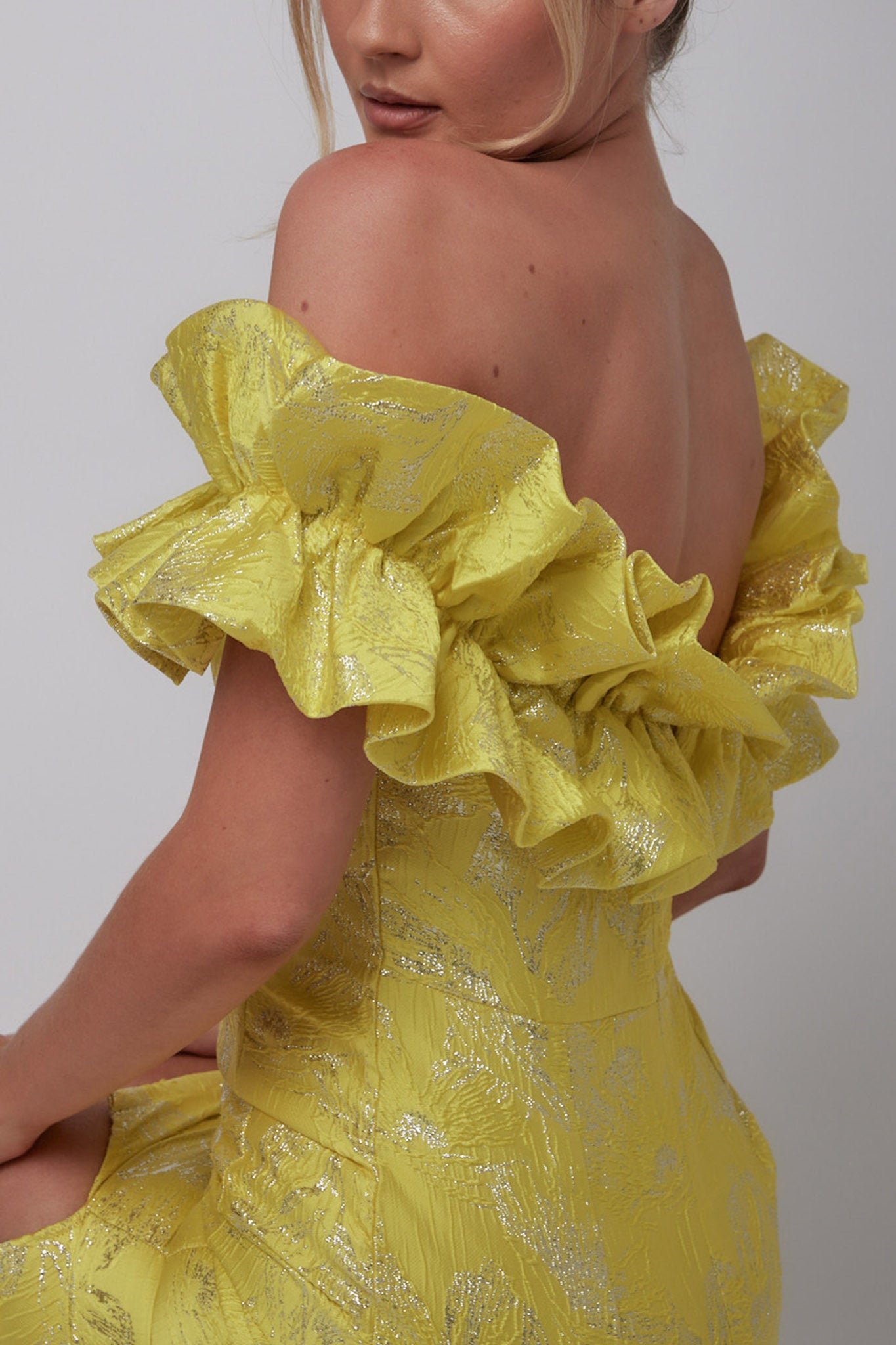 Memoire Off-Shoulder Jacquard Mini Dress Yellow by Selfie Leslie Australia