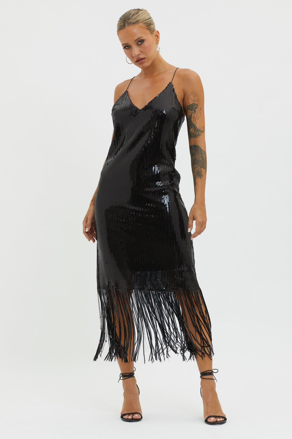 Halo Moon Sequin Fringe Midi Dress Black by Selfie Leslie Australia
