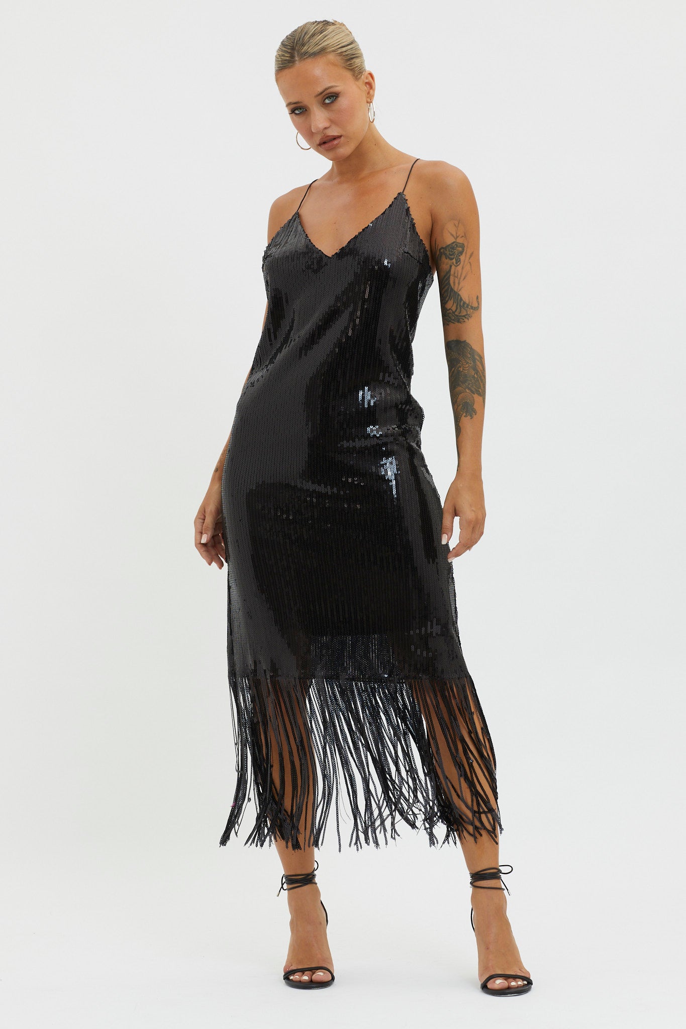 Halo Moon Sequin Fringe Midi Dress Black by Selfie Leslie Australia
