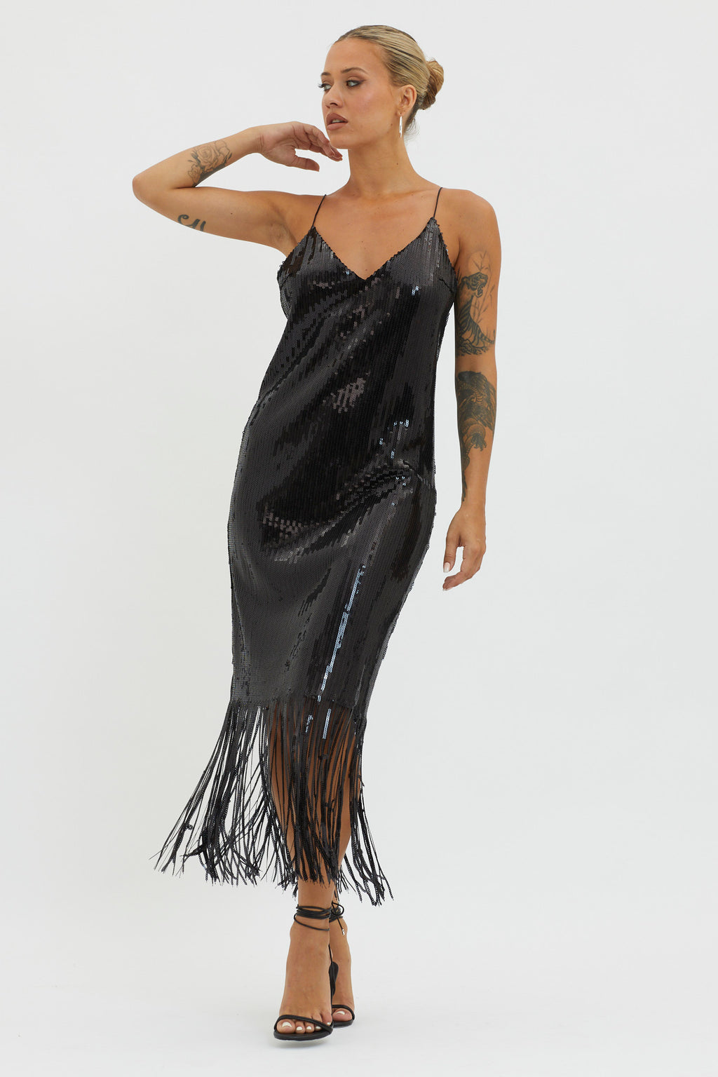 Halo Moon Sequin Fringe Midi Dress Black by Selfie Leslie Australia