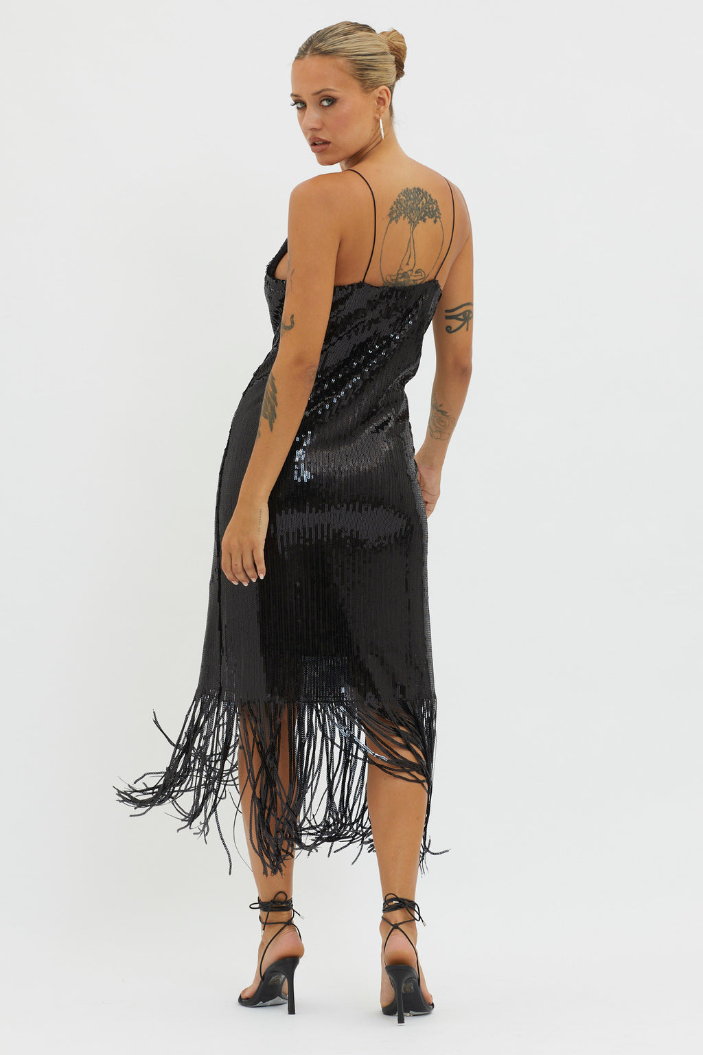 Halo Moon Sequin Fringe Midi Dress Black by Selfie Leslie Australia