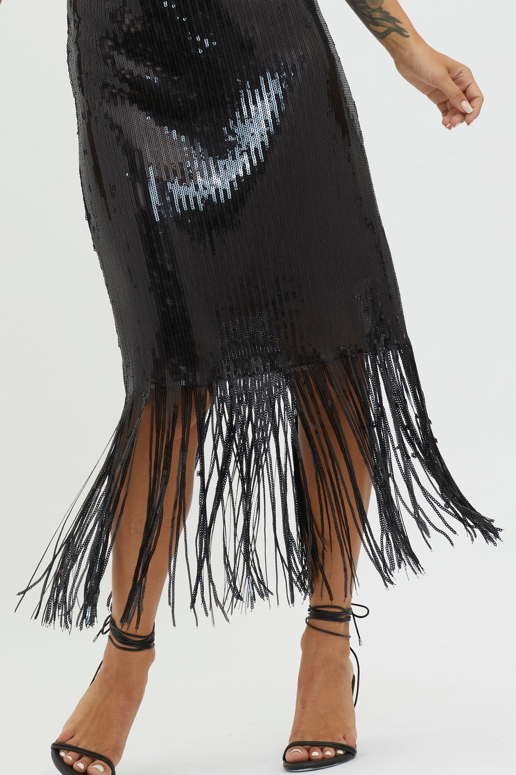 Halo Moon Sequin Fringe Midi Dress Black by Selfie Leslie Australia