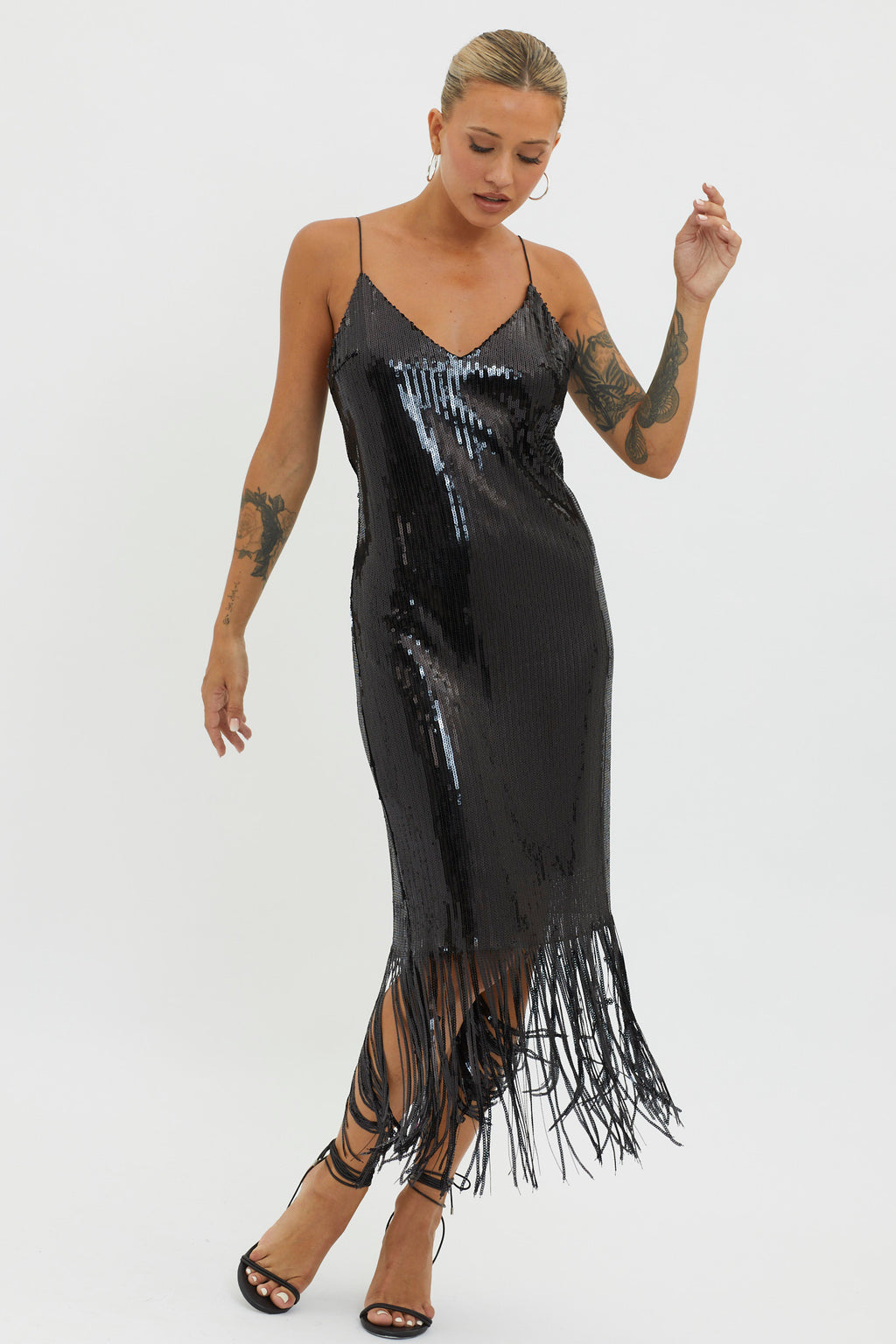 Halo Moon Sequin Fringe Midi Dress Black by Selfie Leslie Australia