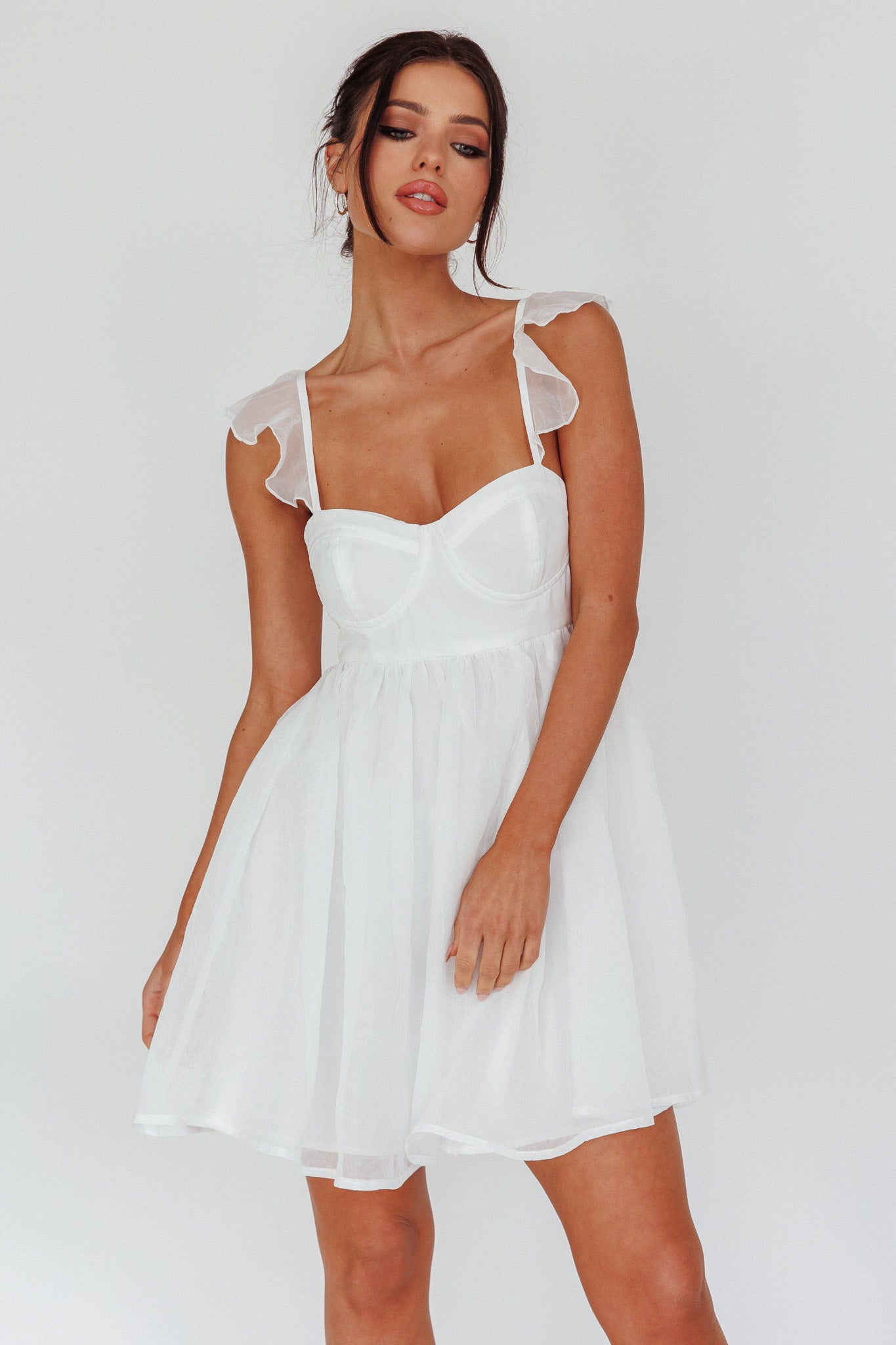 Zalia Ruffle Strap Babydoll Dress White by Selfie Leslie Australia