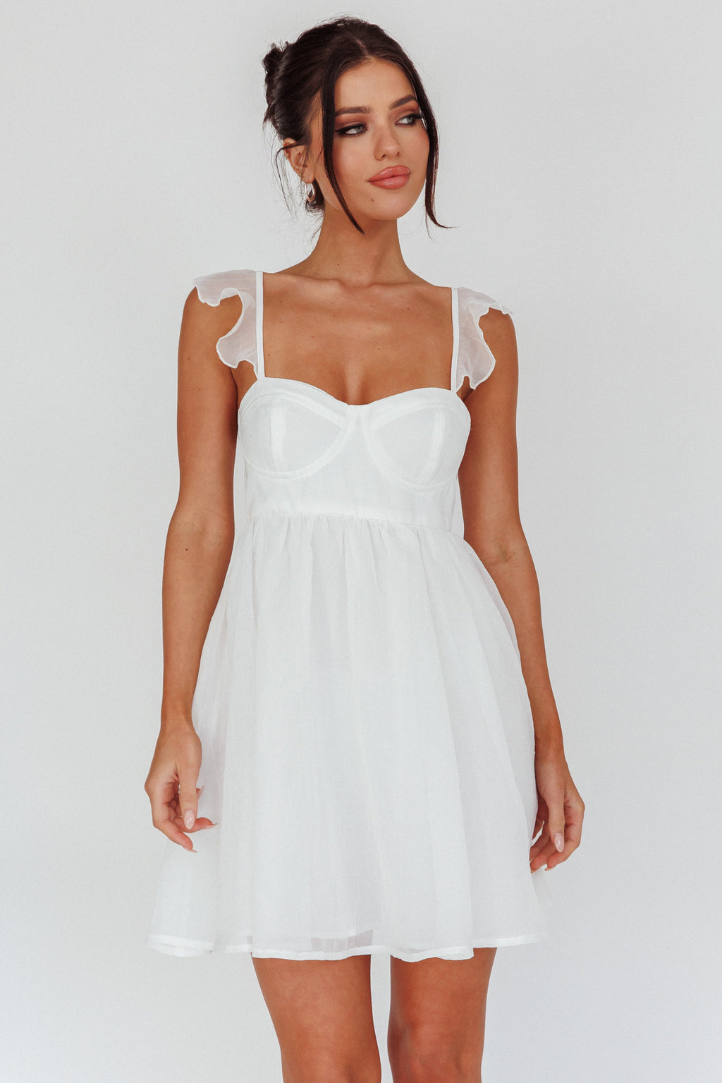 Zalia Ruffle Strap Babydoll Dress White by Selfie Leslie Australia