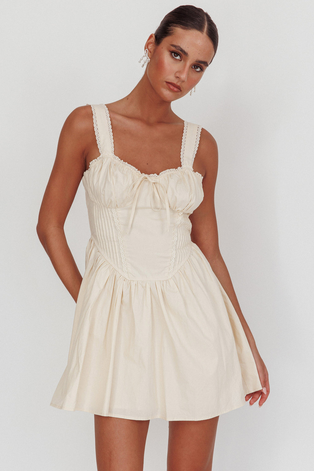 Florabella Corset Bodice Bow Mini Dress Cream by Selfie Leslie Australia