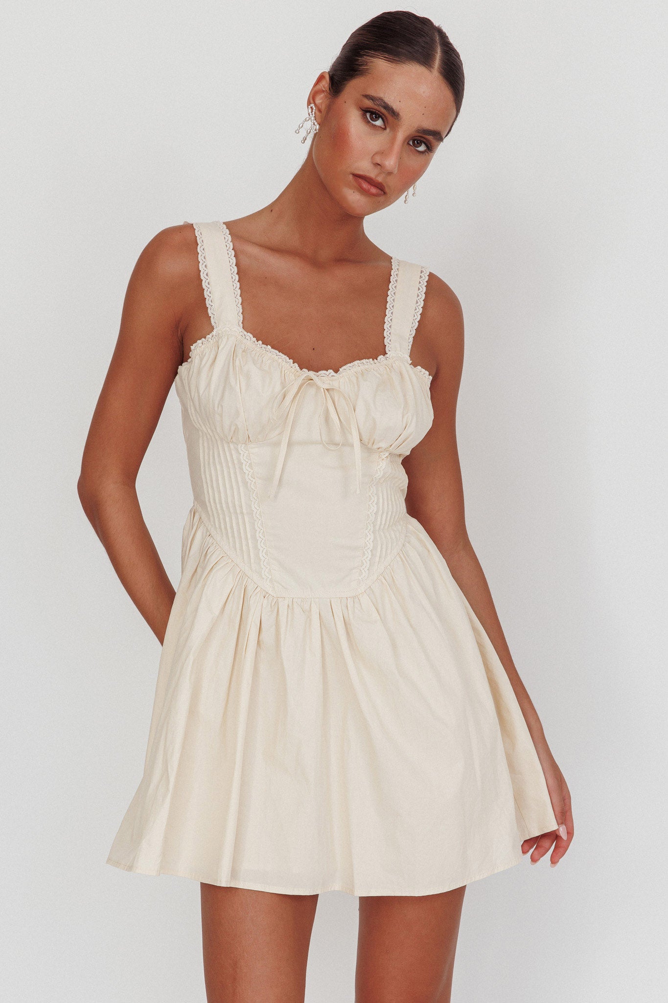Florabella Corset Bodice Bow Mini Dress Cream by Selfie Leslie Australia