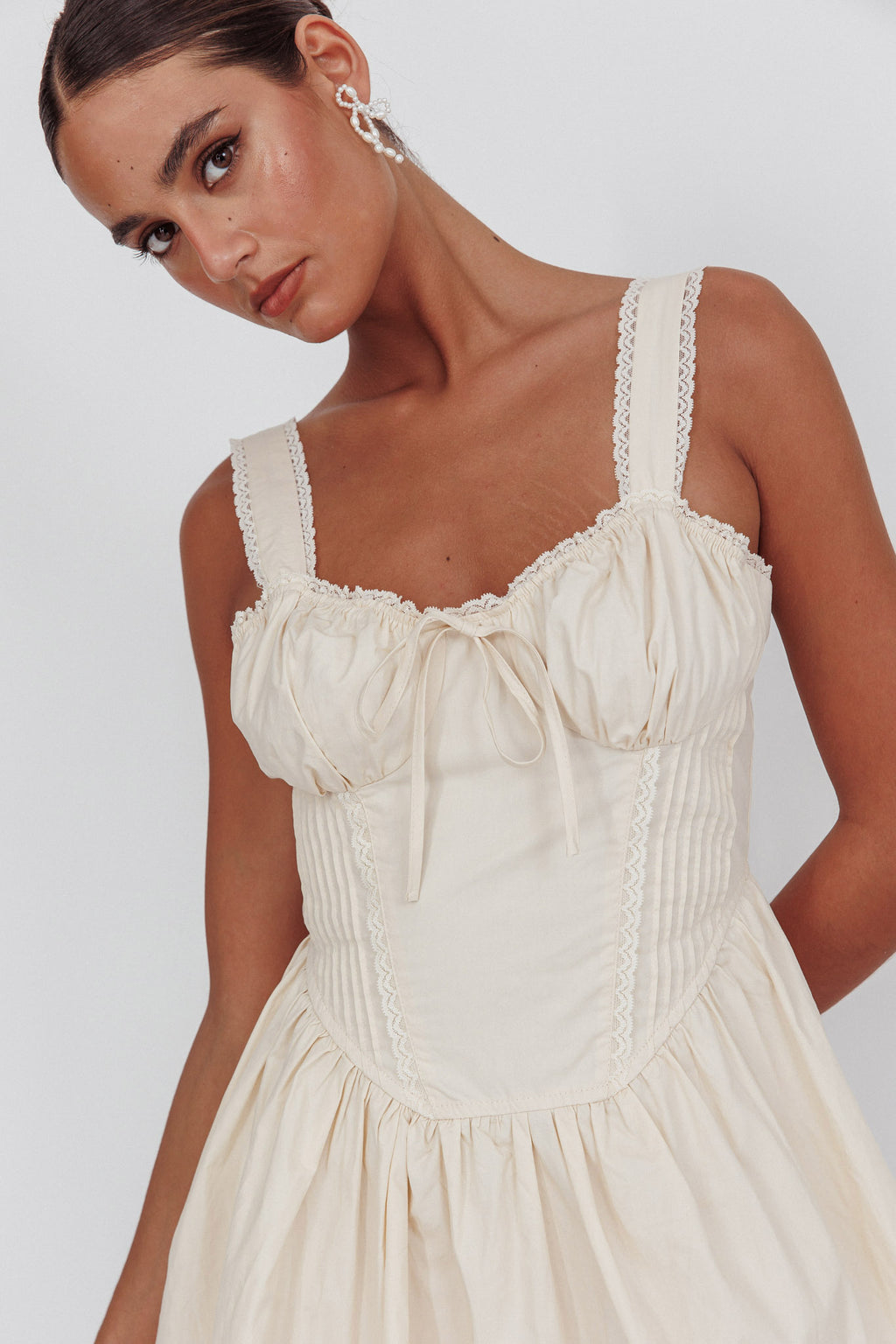 Florabella Corset Bodice Bow Mini Dress Cream by Selfie Leslie Australia