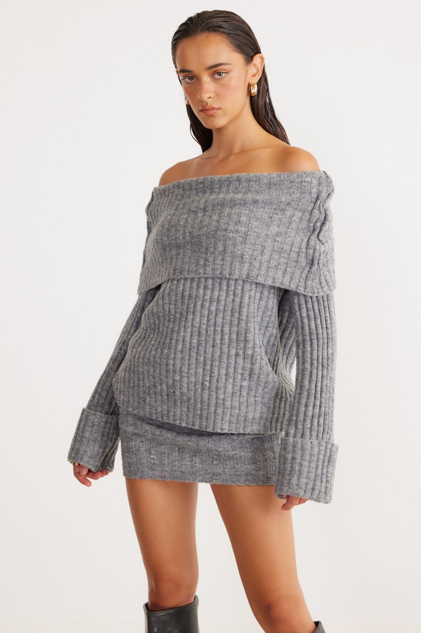 SNDYS Brooks Off Shoulder Jumper Grey by Selfie Leslie Australia
