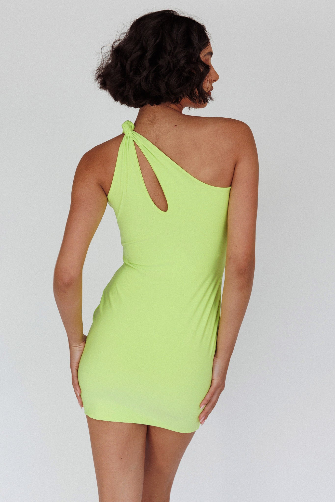 Malaga One-Shoulder Keyhole Mini Dress Lime by Selfie Leslie Australia