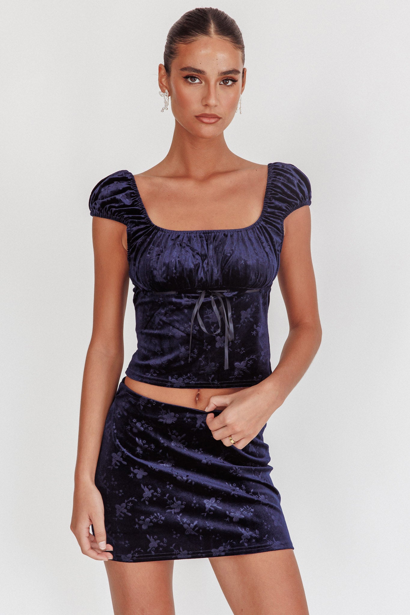 High Rollers Floral Velvet Mini Skirt Navy by Selfie Leslie Australia