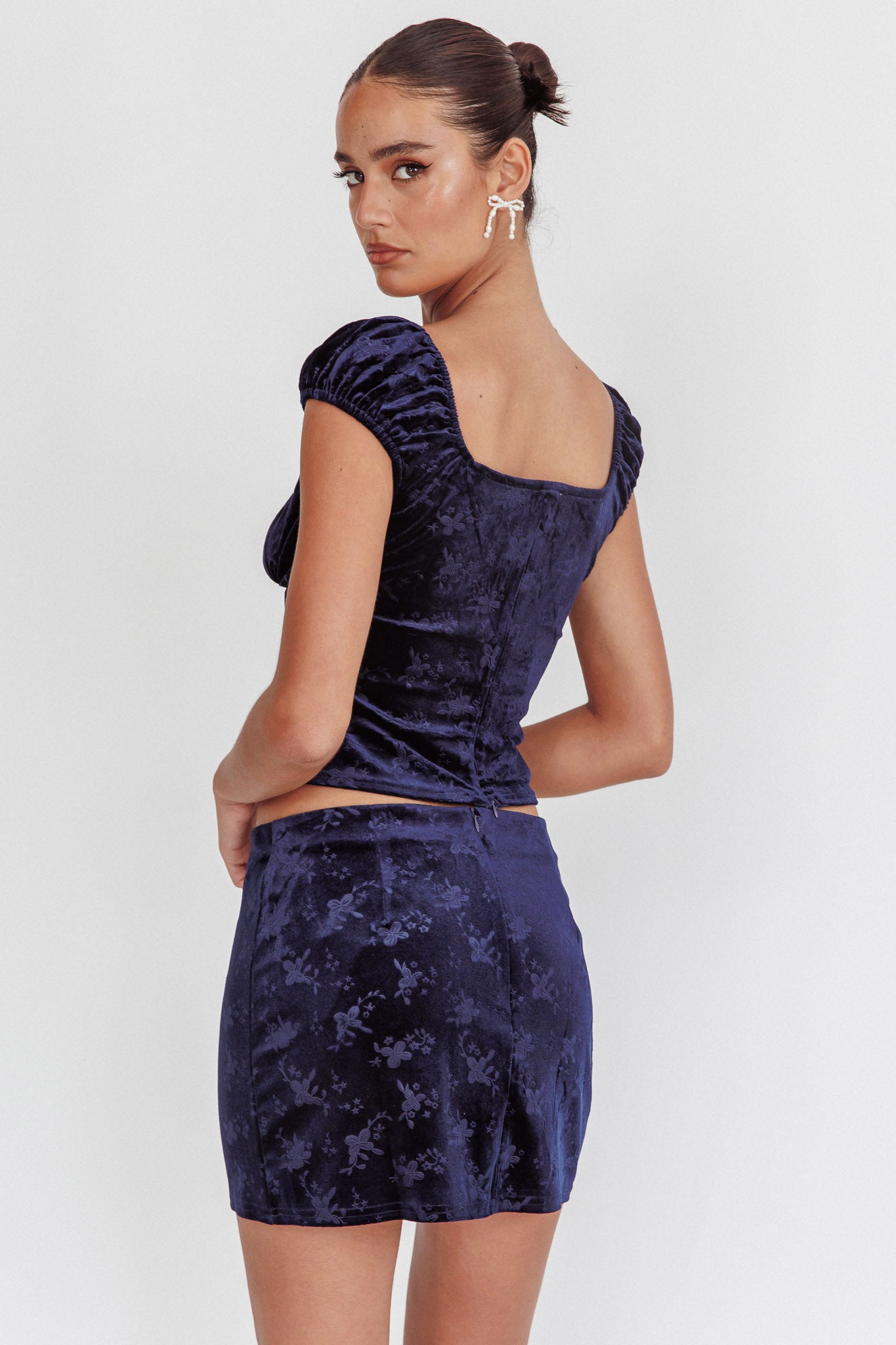 High Rollers Floral Velvet Mini Skirt Navy by Selfie Leslie Australia