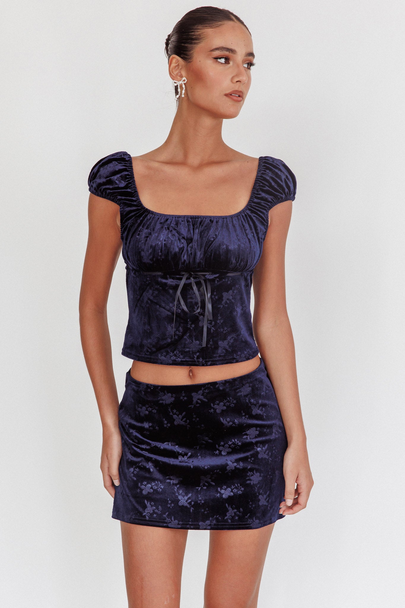 High Rollers Floral Velvet Mini Skirt Navy by Selfie Leslie Australia