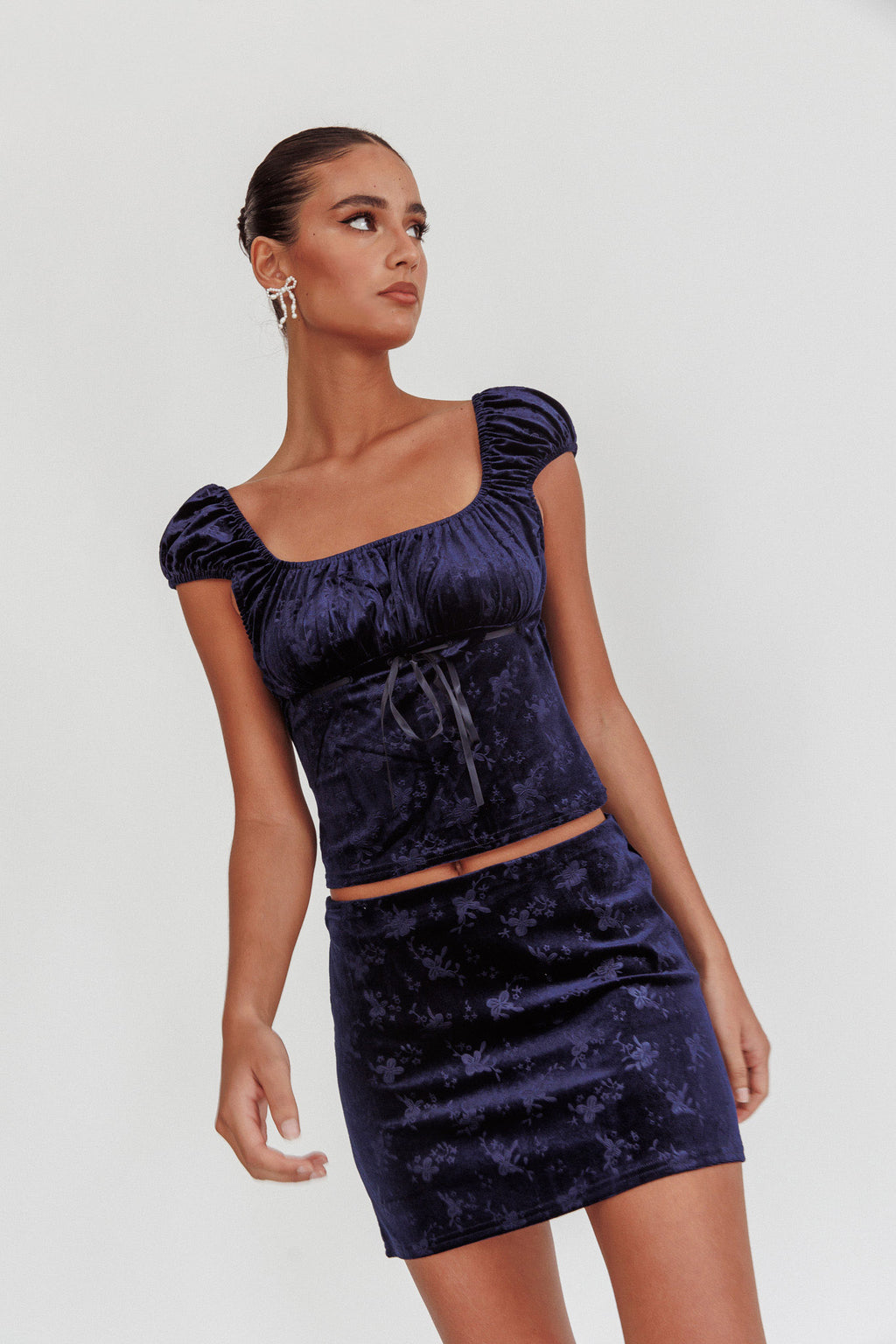 High Rollers Floral Velvet Mini Skirt Navy by Selfie Leslie Australia