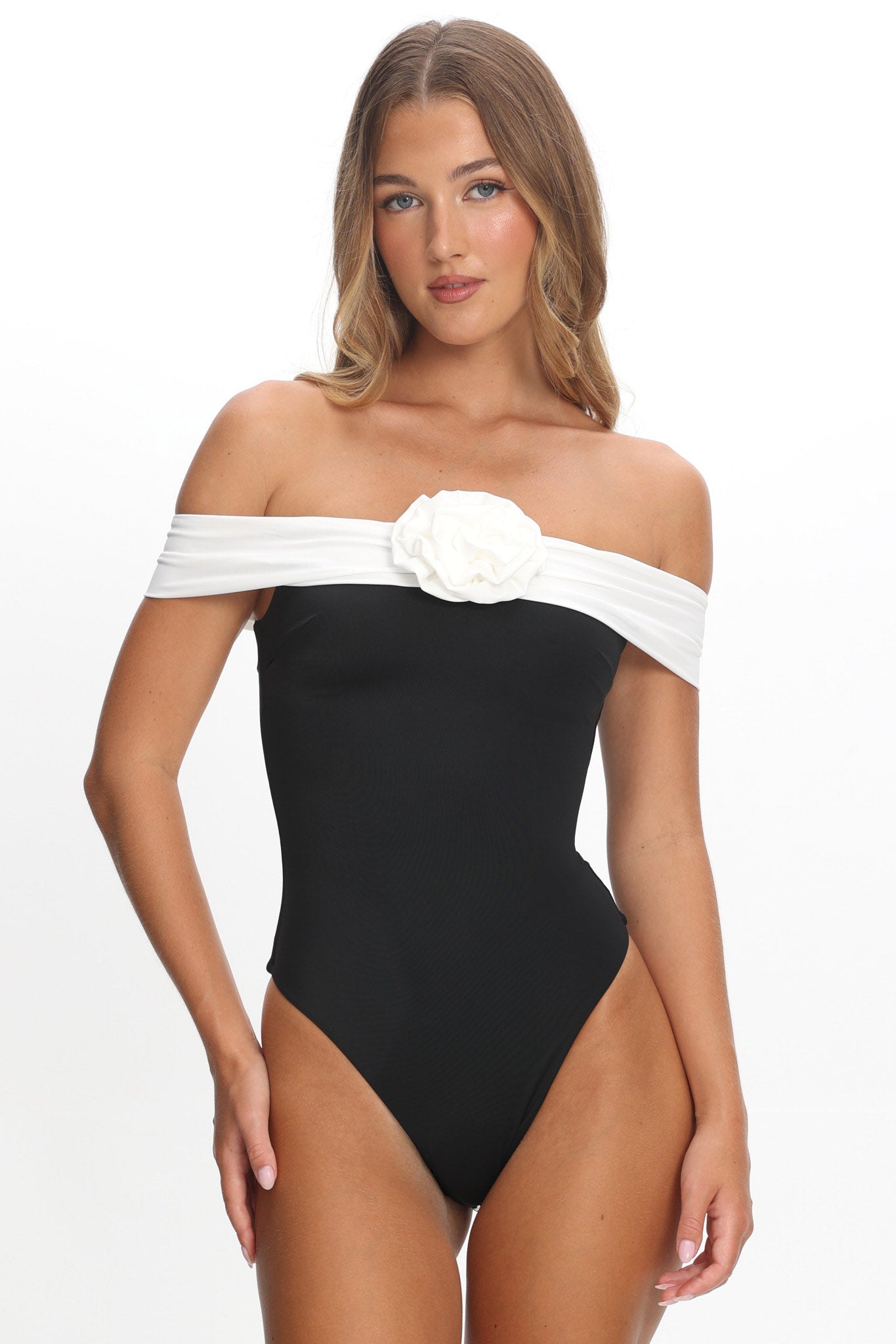 Lorona Off-Shoulder One-Piece Black/Ivory by Selfie Leslie Australia