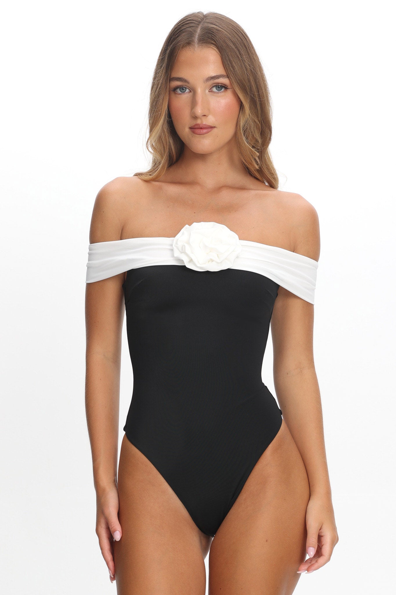 Lorona Off-Shoulder One-Piece Black/Ivory by Selfie Leslie Australia