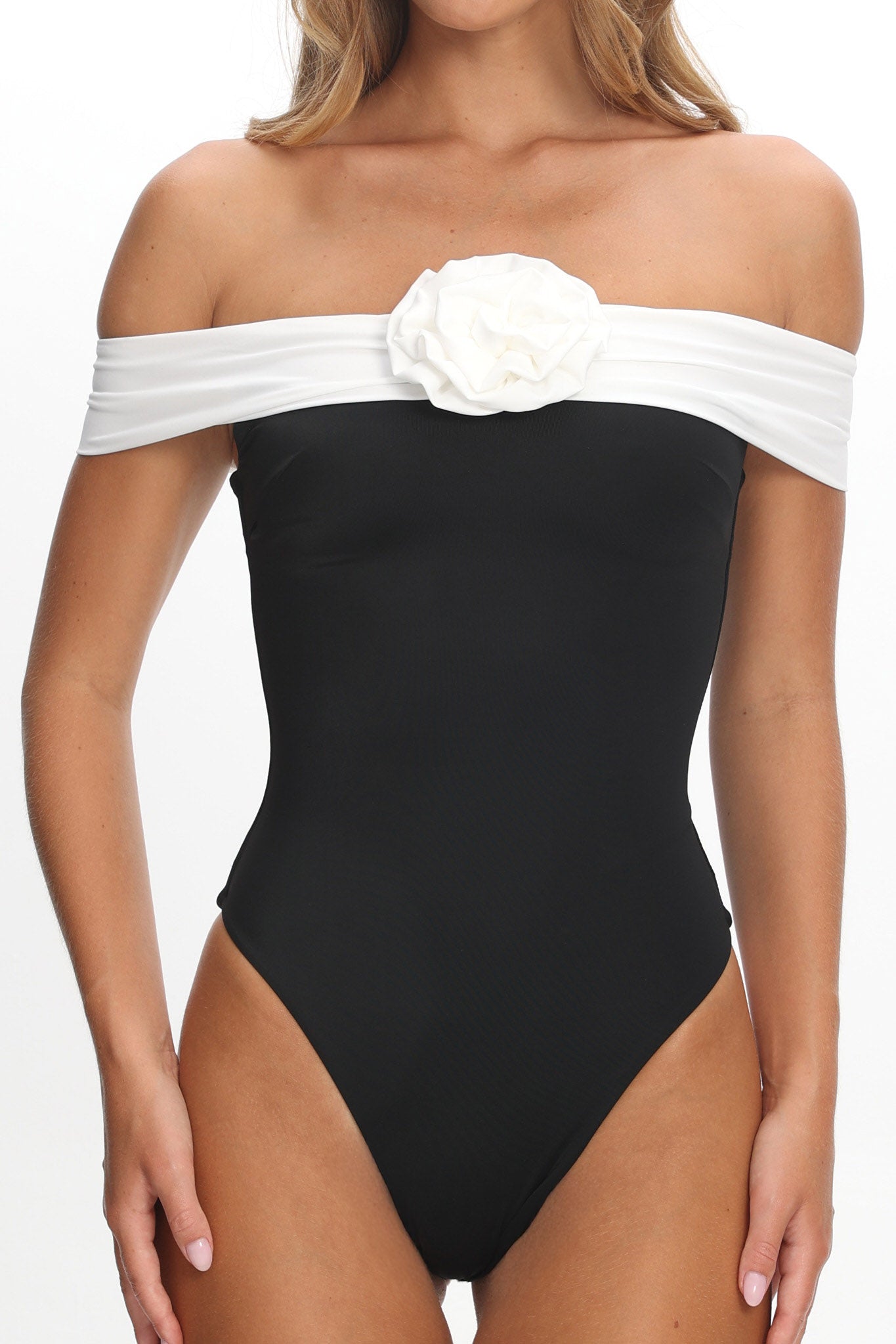 Lorona Off-Shoulder One-Piece Black/Ivory by Selfie Leslie Australia