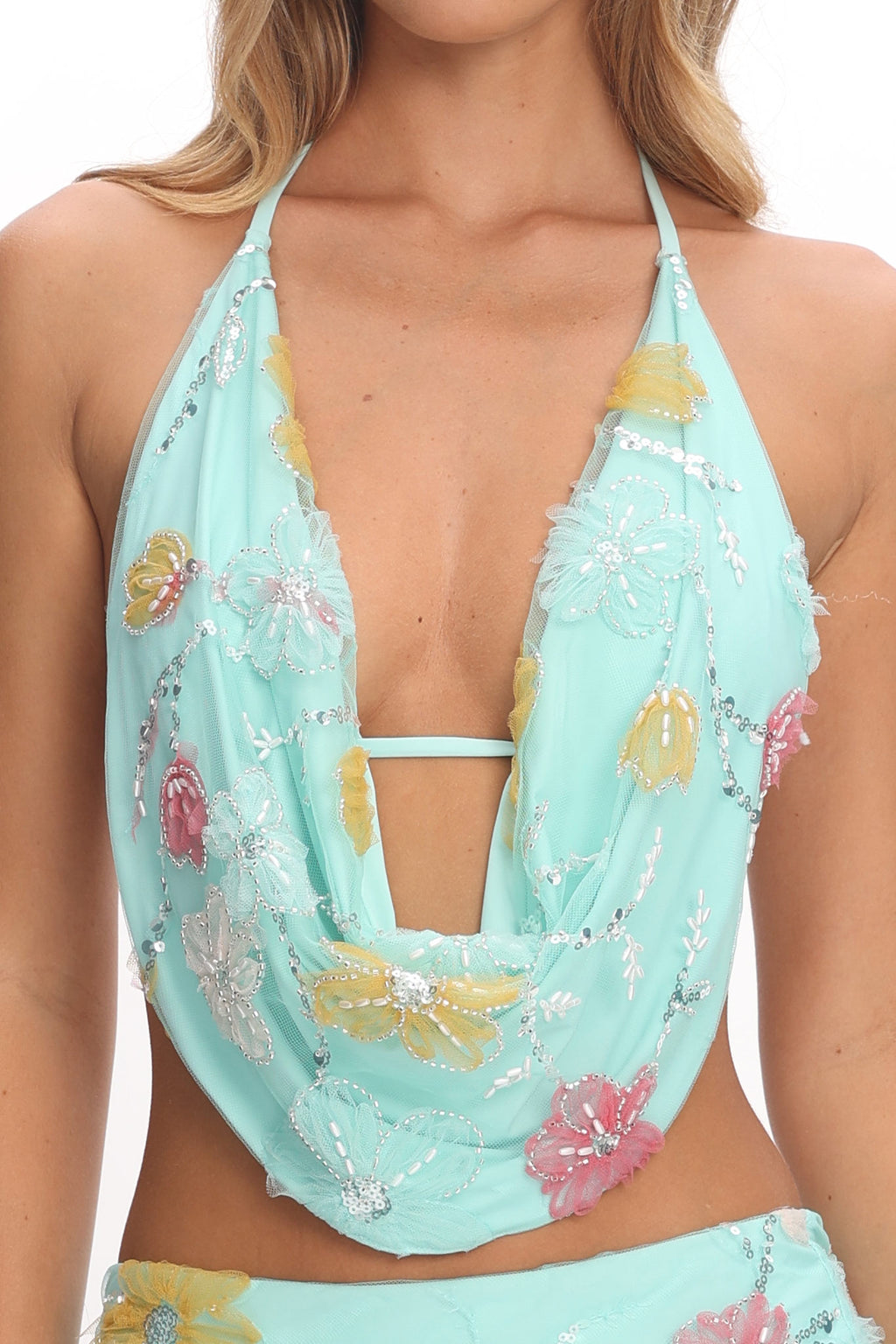 Kavera Cowl Halter Top Floral Sequin Aqua by Selfie Leslie Australia