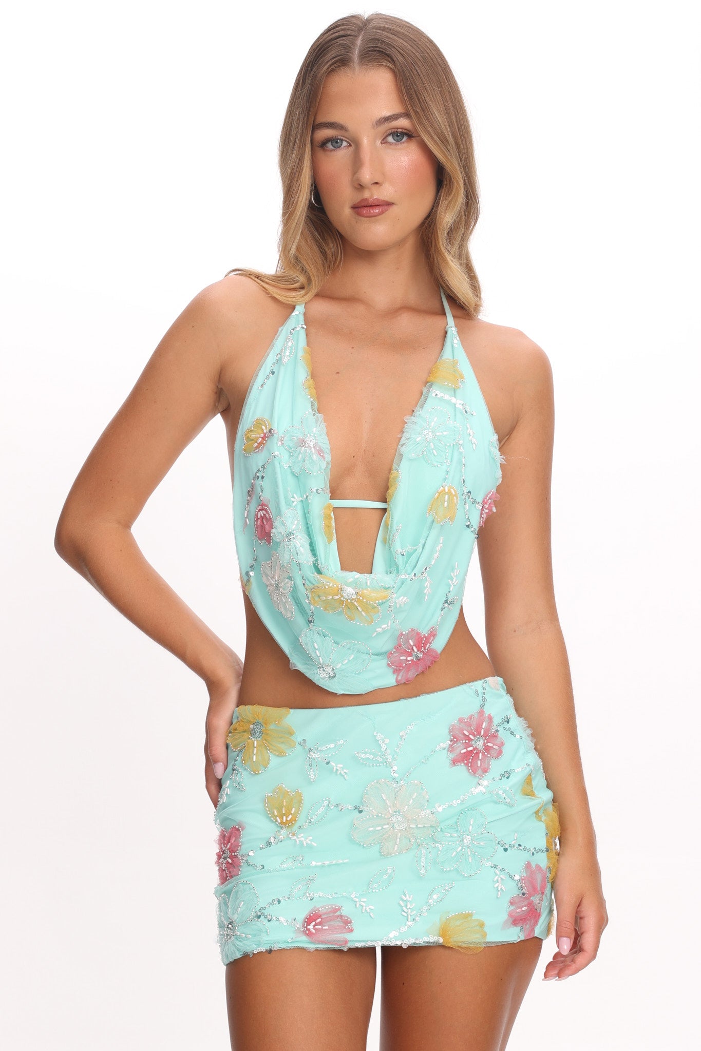 Kavera Embellished Mini Skirt Aqua Sequin by Selfie Leslie Australia