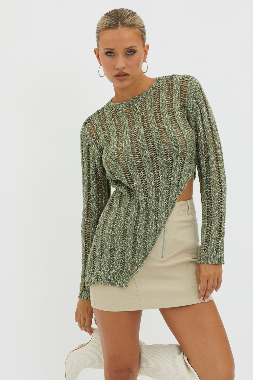 Evergreen Asymmetrical Hem Ribbed Knit Top Olive by Selfie Leslie Australia