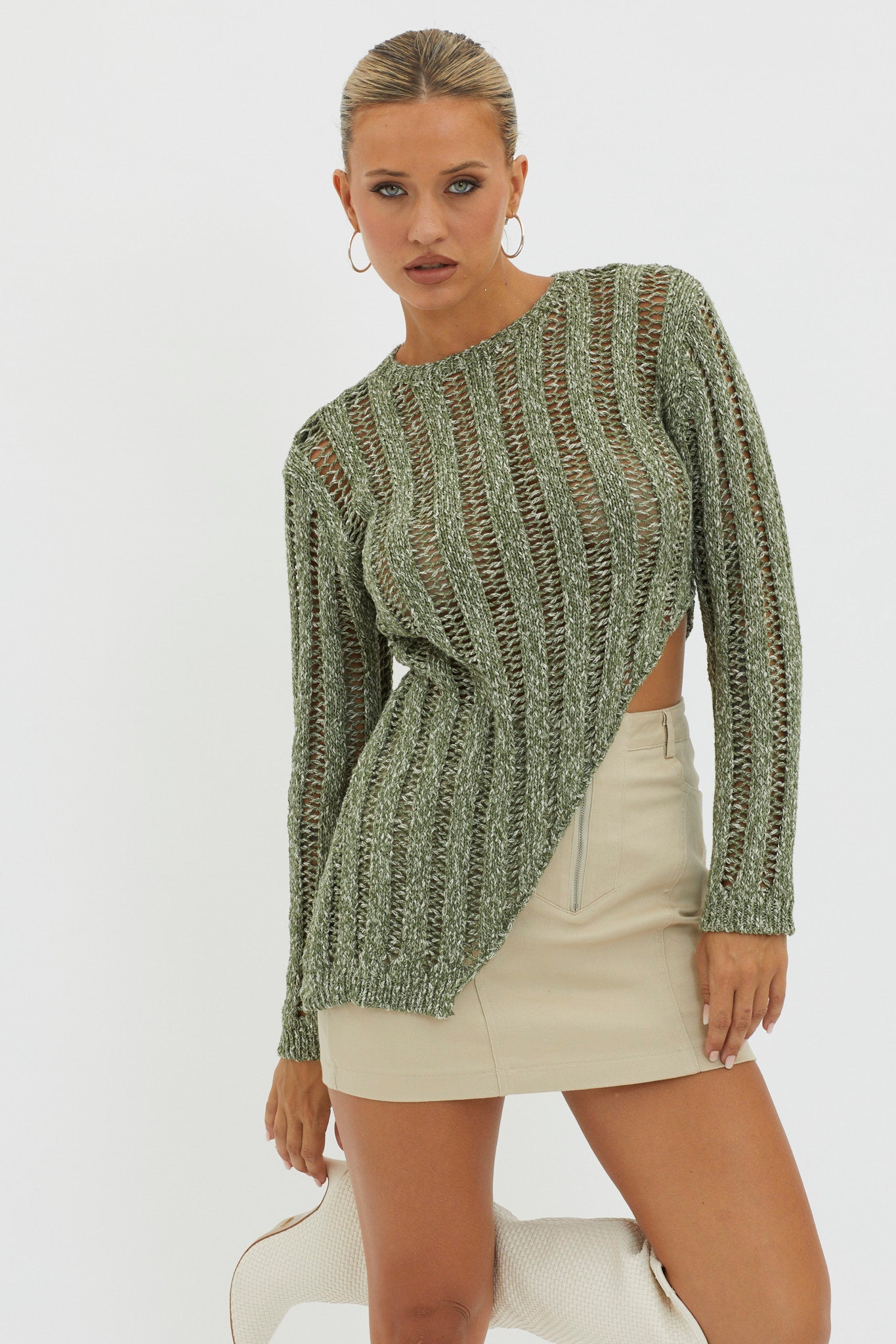 Evergreen Asymmetrical Hem Ribbed Knit Top Olive by Selfie Leslie Australia