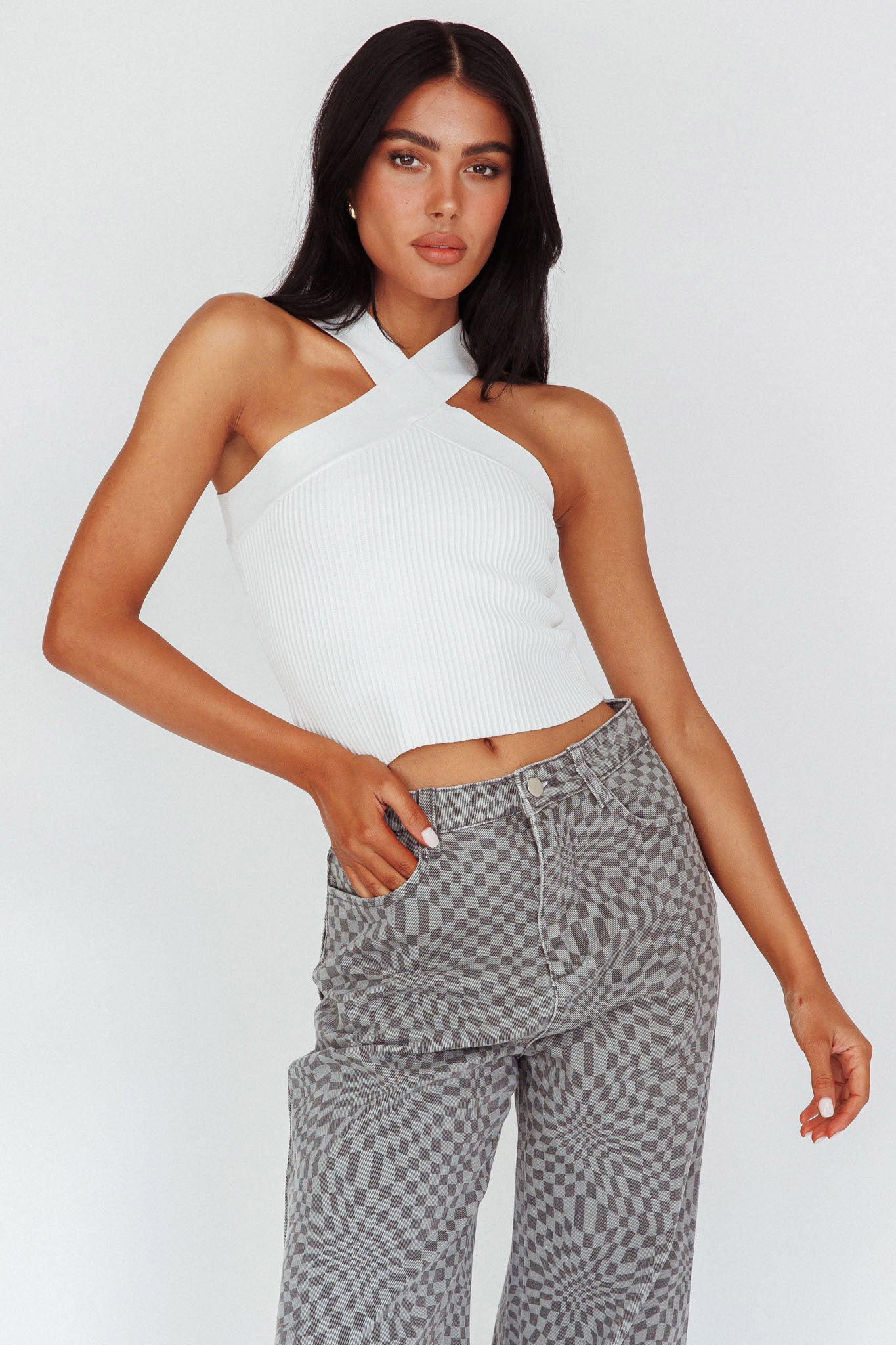 Kansas Crossover Neck Knit Top White by Selfie Leslie Australia