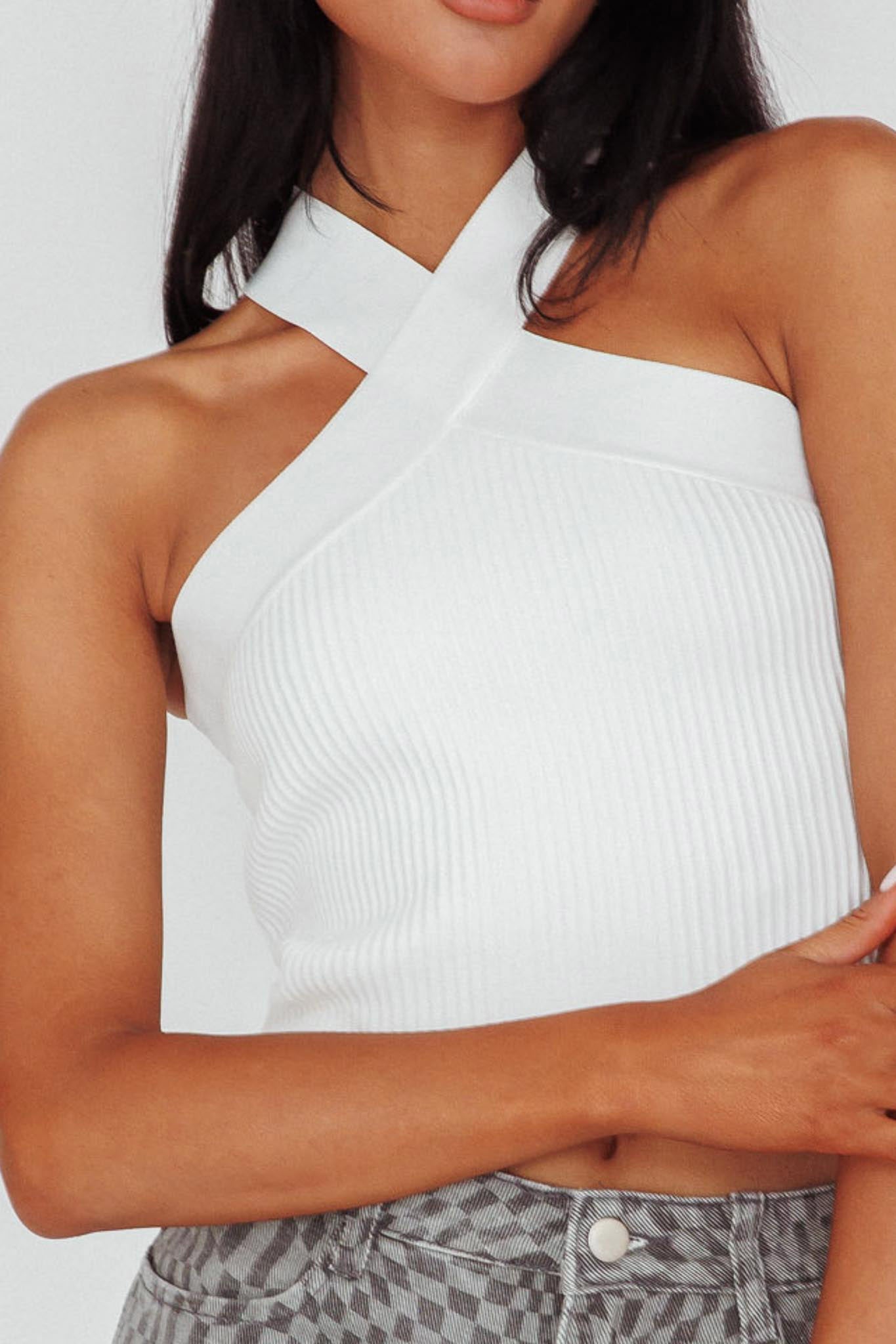 Kansas Crossover Neck Knit Top White by Selfie Leslie Australia