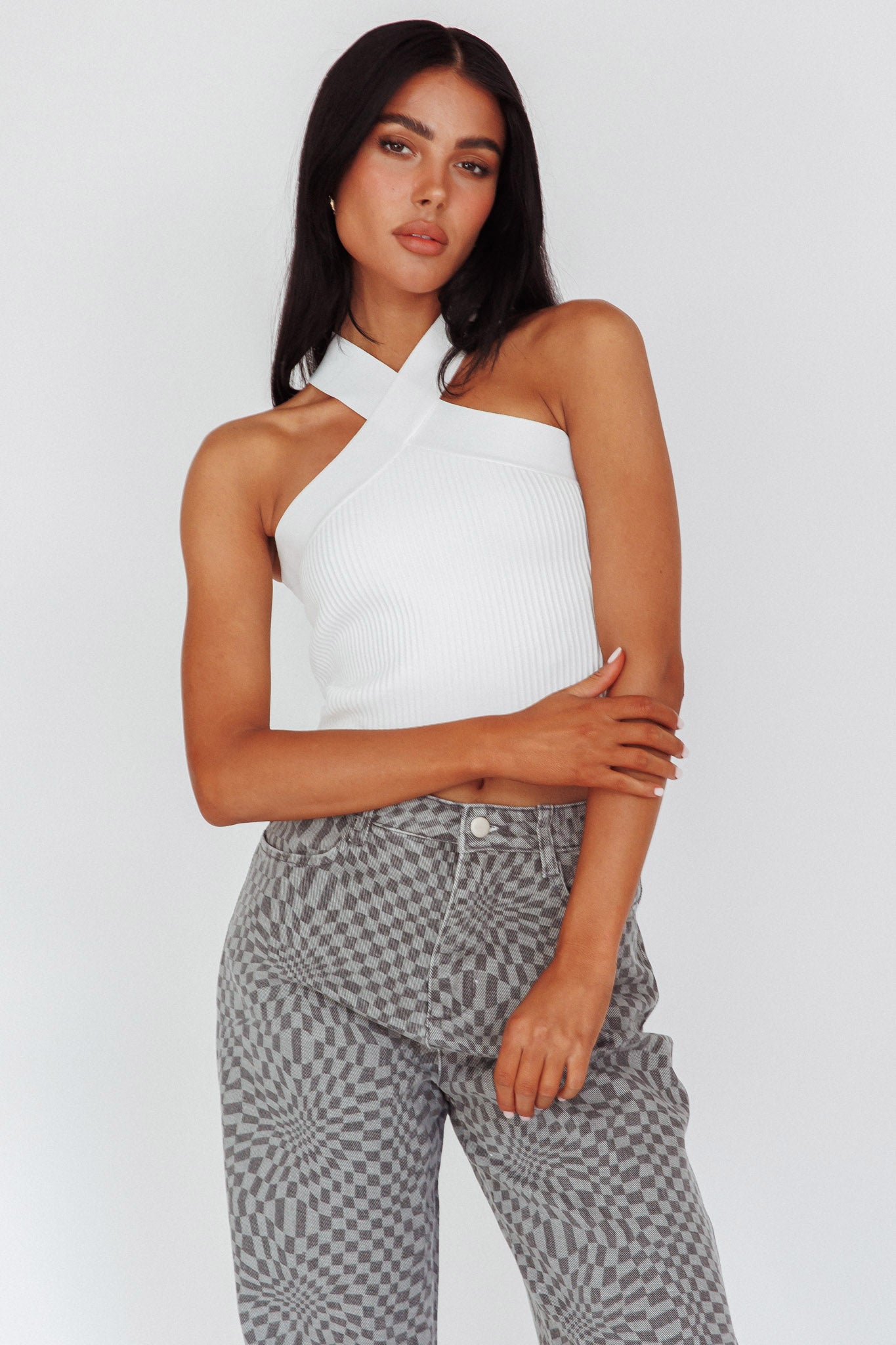Kansas Crossover Neck Knit Top White by Selfie Leslie Australia
