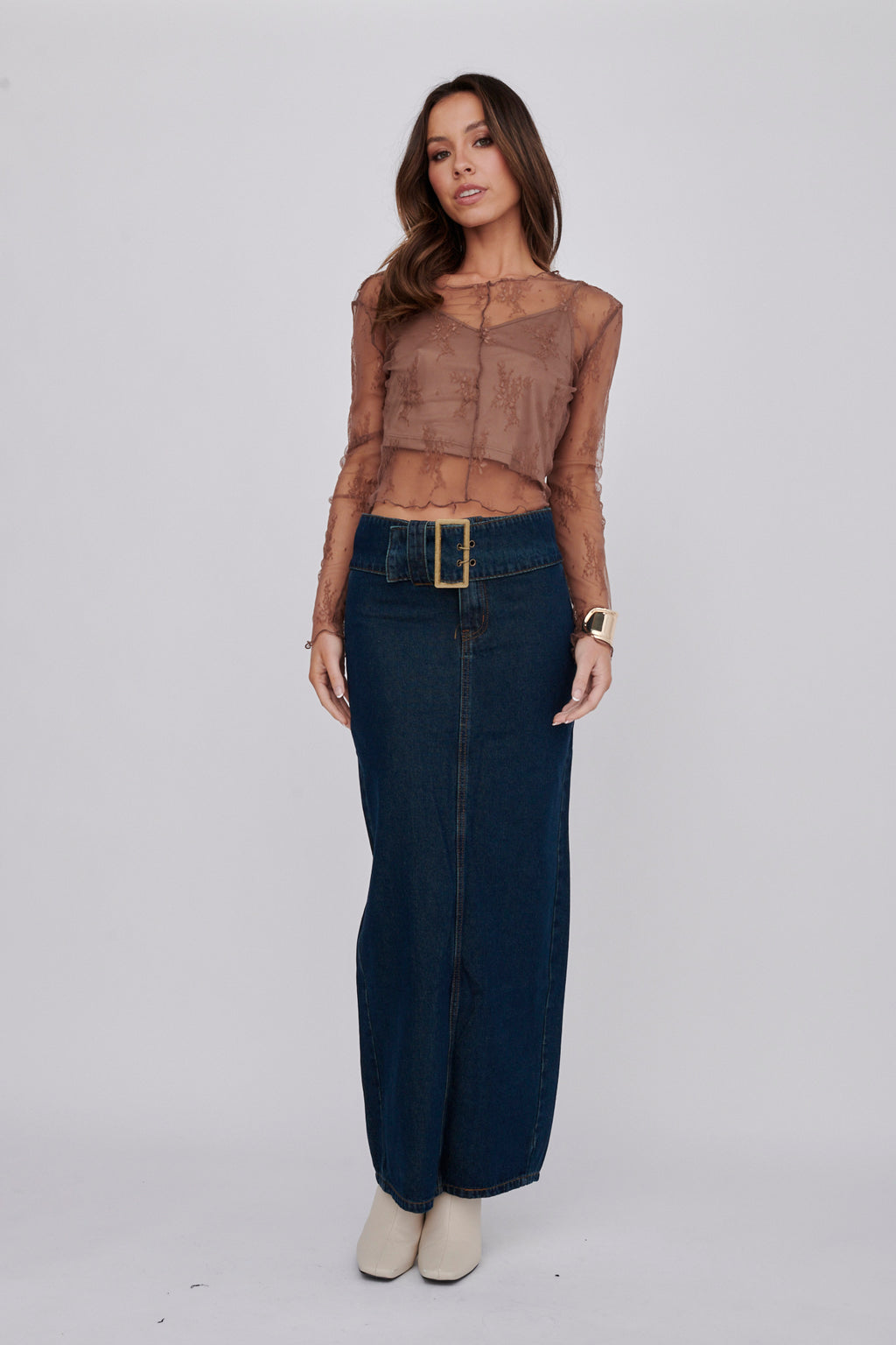 Genovia Long Sleeve Lace Top Brown by Selfie Leslie Australia