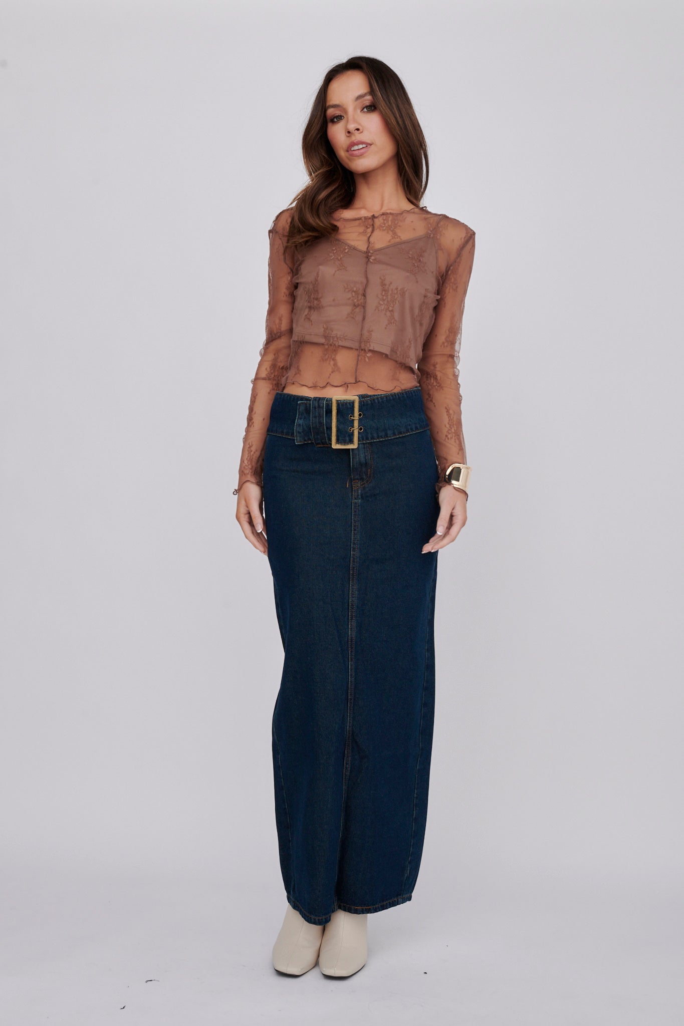 Genovia Long Sleeve Lace Top Brown by Selfie Leslie Australia