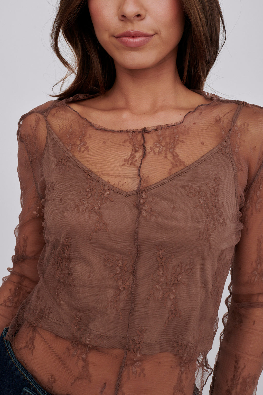 Genovia Long Sleeve Lace Top Brown by Selfie Leslie Australia